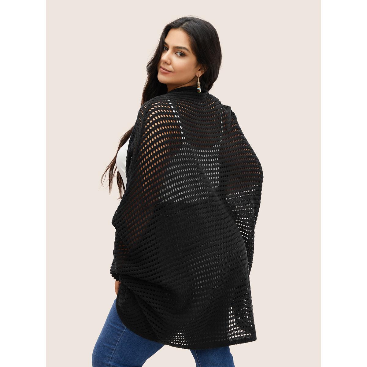 Plus Size Plain Pointelle Knit Batwing Sleeve Cardigan Black Women Casual Loose Long Sleeve Everyday Cardigans BloomChic 10/M Product Image