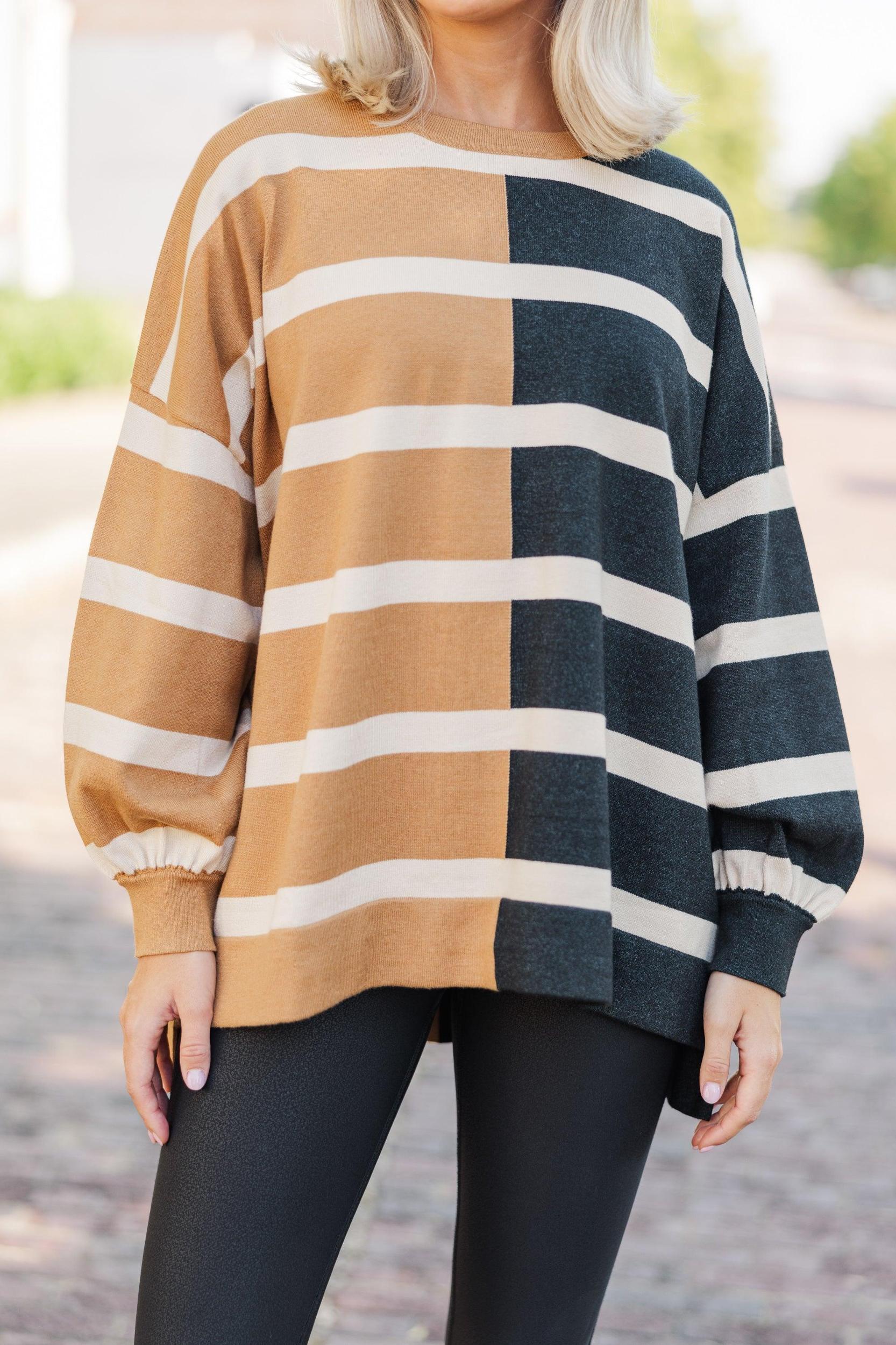 Live It Up Mocha/Black Striped Sweater Female Product Image