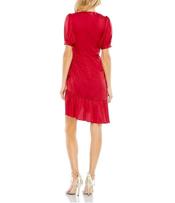 Mac Duggal Surplice V-Neck Faux Wrap Short Puff Sleeve Ruched Waist Asymmetrical Ruffle Hem Dress Product Image