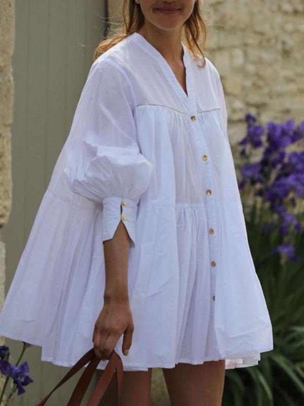 A-Line Long Sleeves Buttoned Pleated Solid Color V-Neck Mini Dresses Shirt Dress Product Image