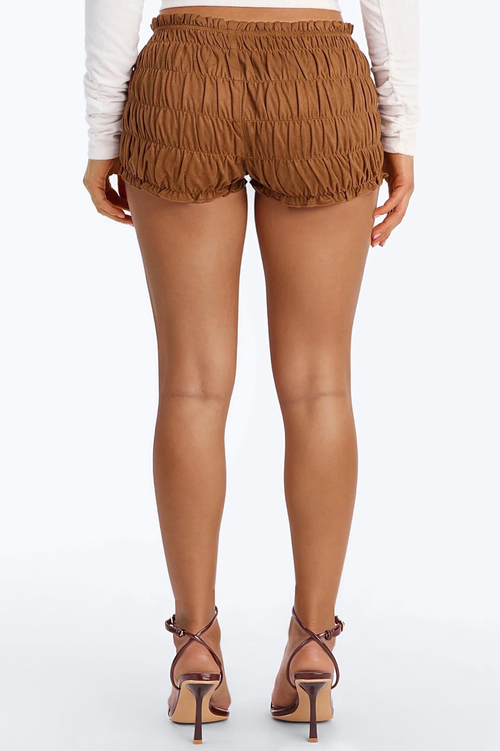 Chasing The Sun Faux Suede Micro Bloomers Shorts 1.5″ - Camel Female Product Image