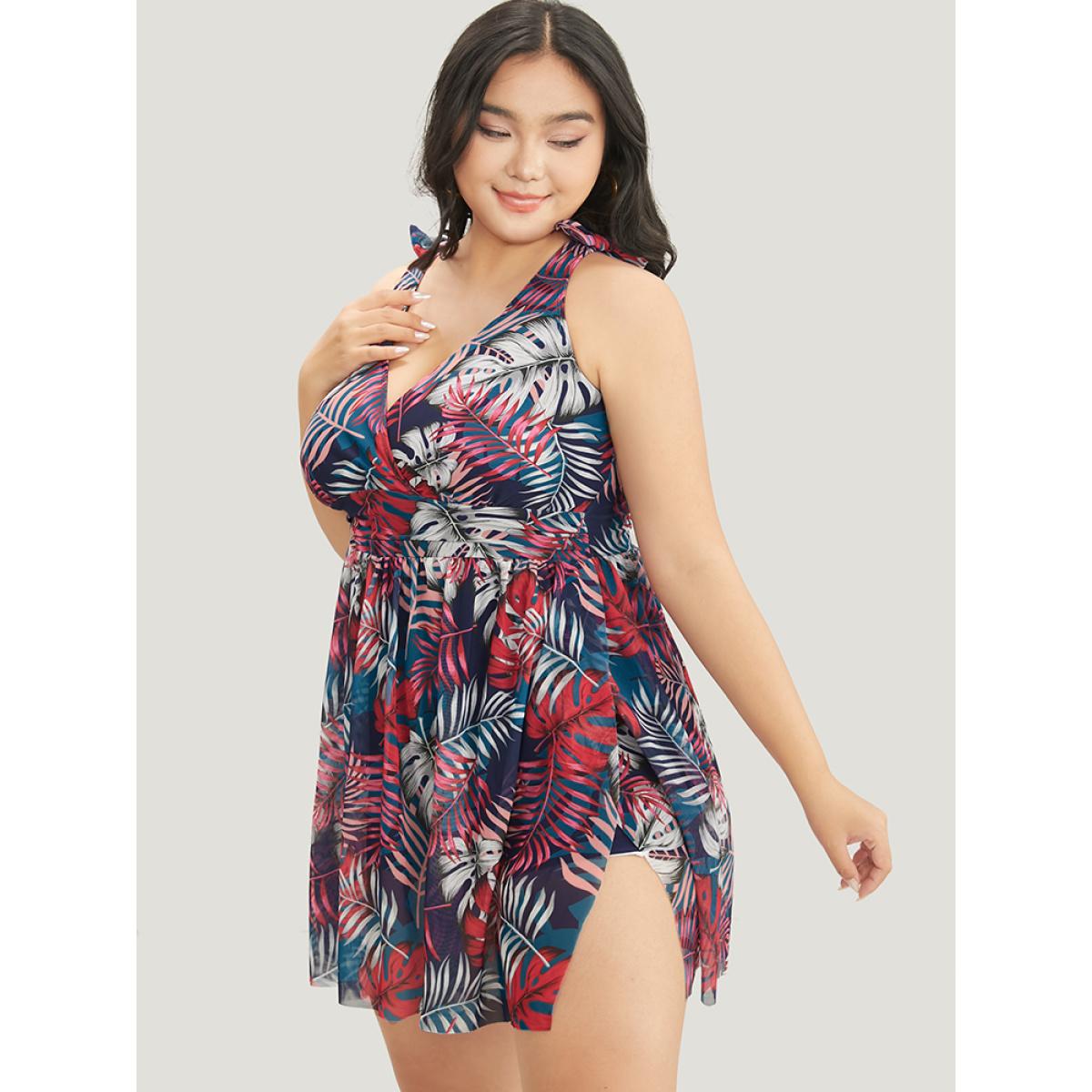 Plus Size Tropical Print Bow Sculpt Waist Split Swim Dress Women's Swimwear Red Vacation Bodycon V-neck High stretch Curve Swim Dresses BloomChic 22-24/3X Product Image