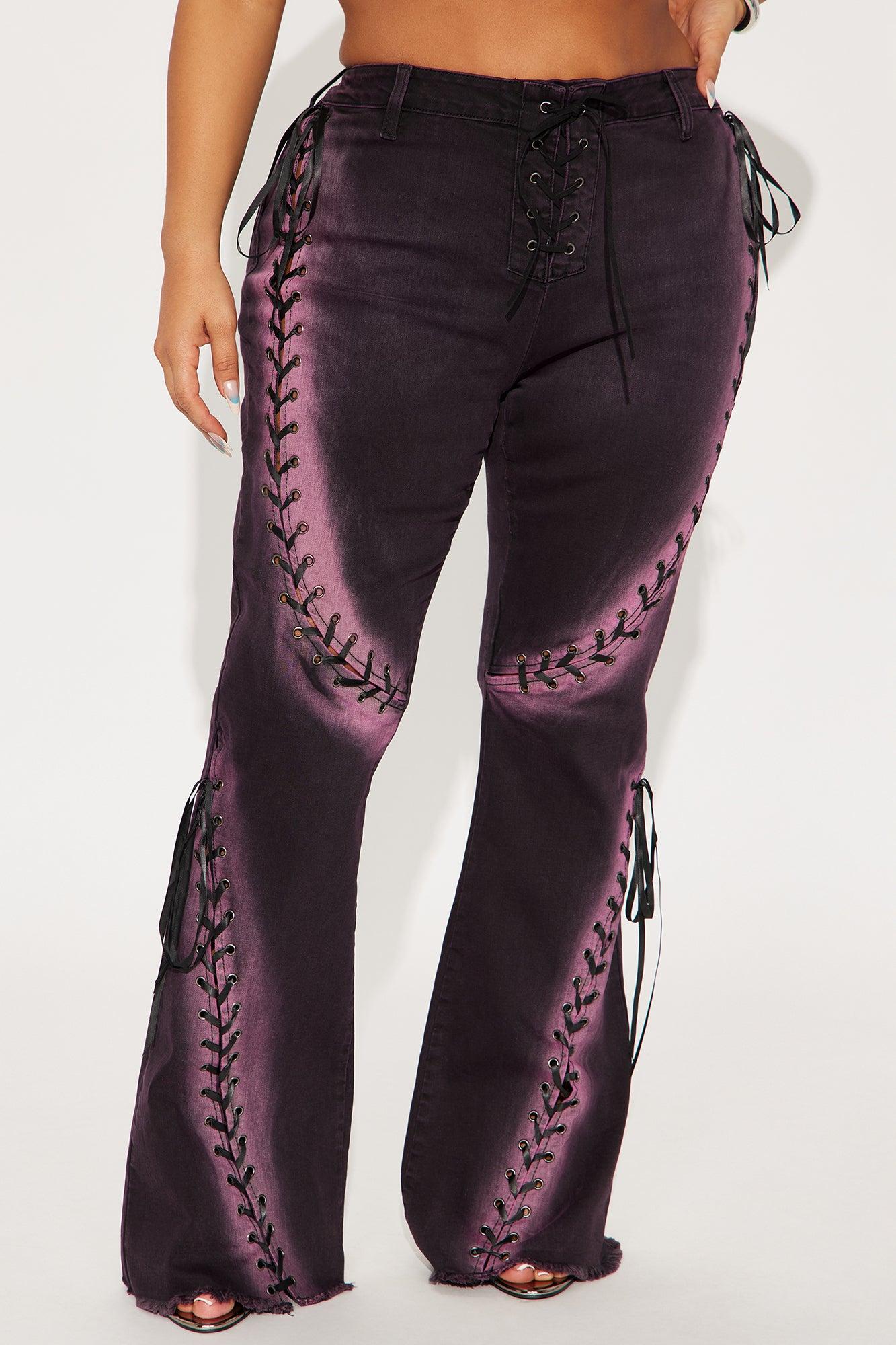 On The Scene Lace Up Stretch Flare Jeans - Purple Female Product Image