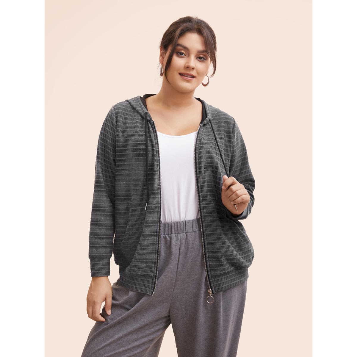 Plus Size Textured O Ring Zipper Hooded Sweatshirt Women DimGray Casual Texture Hooded Everyday Sweatshirts BloomChic 10/M Product Image