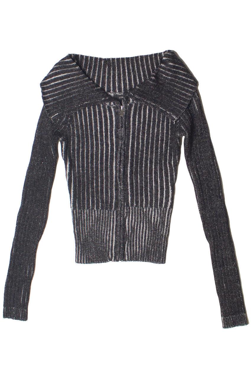 Fold Over Collar Ribbed Zip Up Sweater Product Image