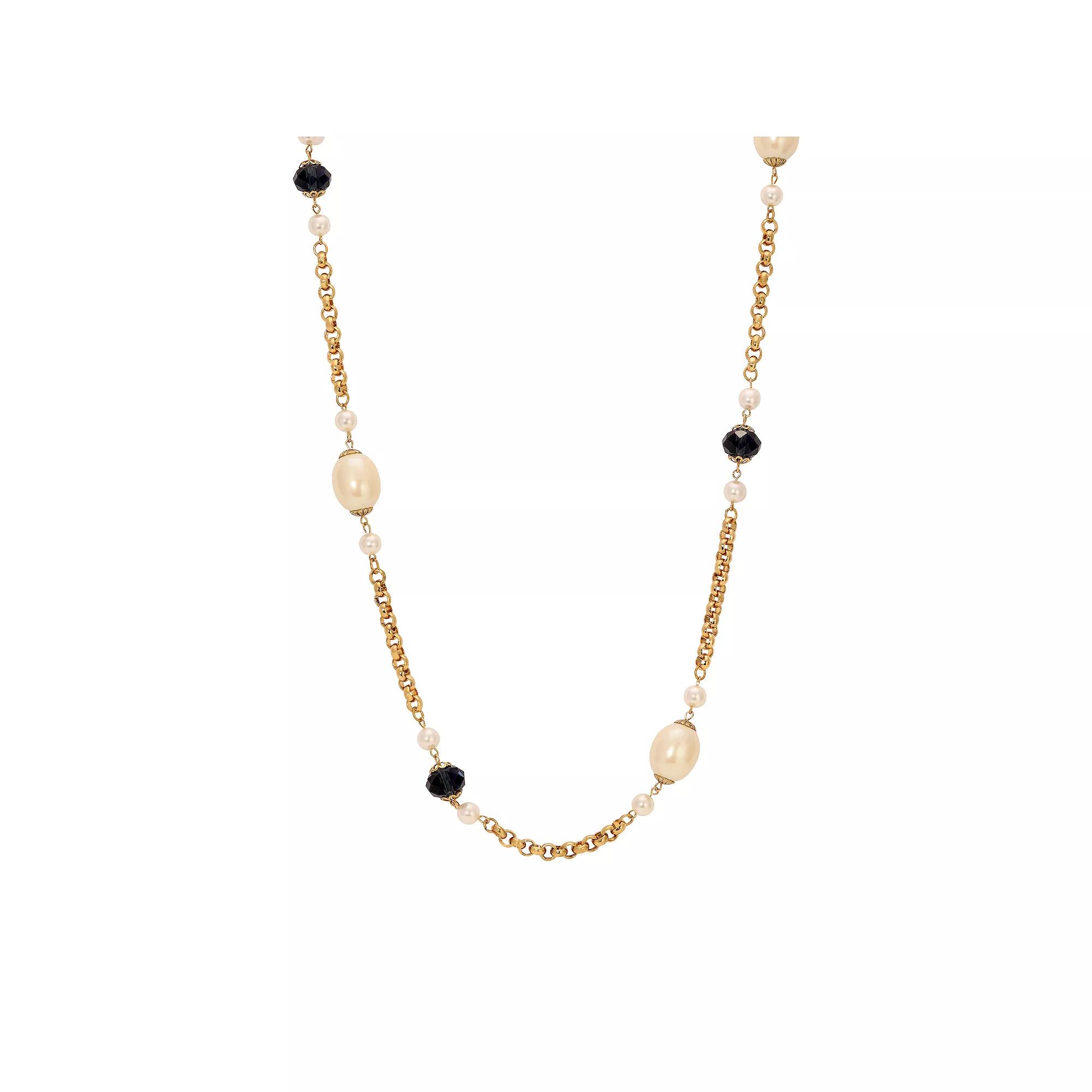 1928 Gold Tone Blue Glass Faux Pearl Necklace, Womens Product Image