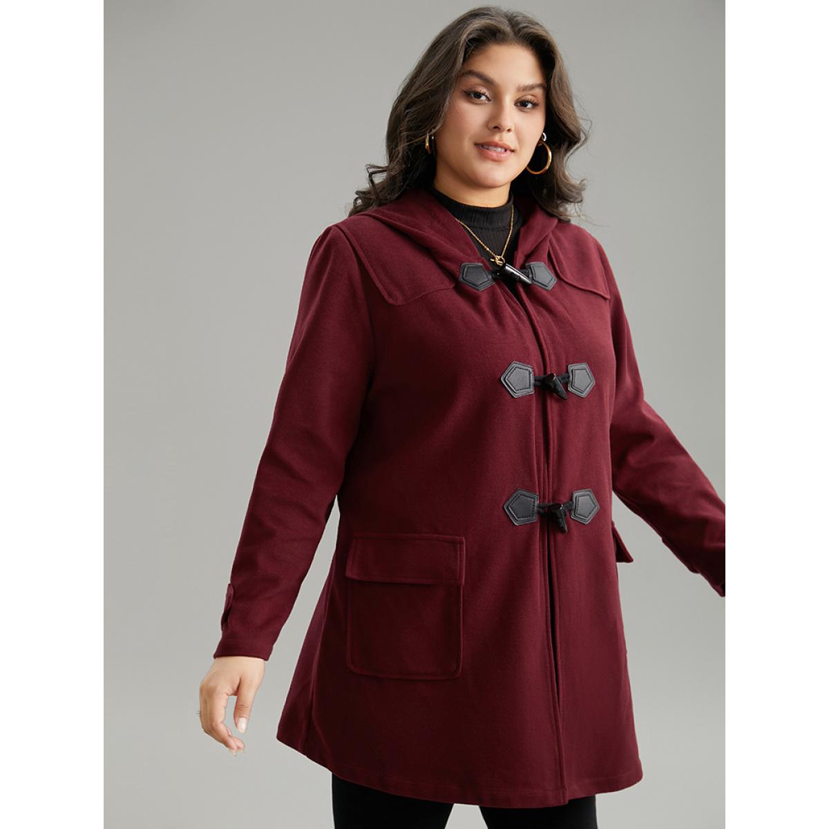 Plus Size Plain Duffle Button Pocket Hooded Coat Women Burgundy Casual Contrast Ladies Dailywear Winter Coats BloomChic 10/M Product Image