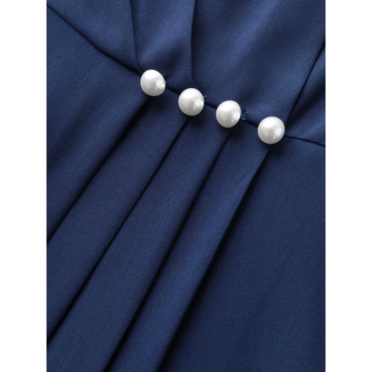 Plus Size Neck Cut-Out Pearl Button Pleated Dress Navy Women At the Office Beaded V-neck Short sleeve Curvy BloomChic 14-16/1X Product Image