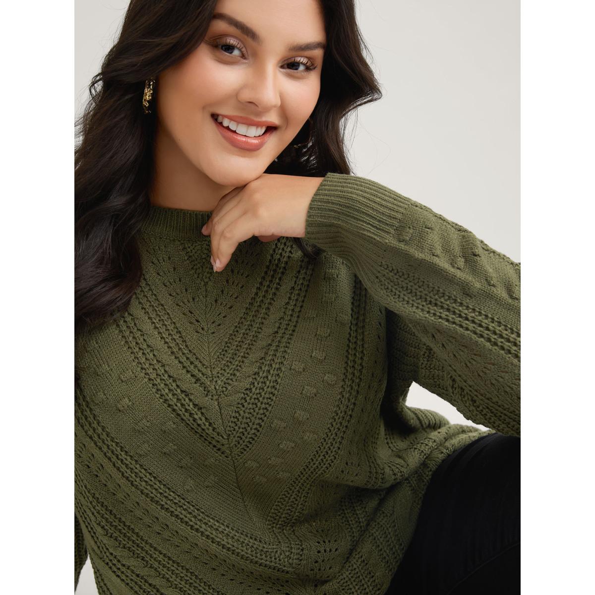 Plus Size Solid Round Neck Cable Knit Pullover ArmyGreen Women Leisure Long Sleeve Round Neck Casual Pullovers BloomChic 26/4X Product Image