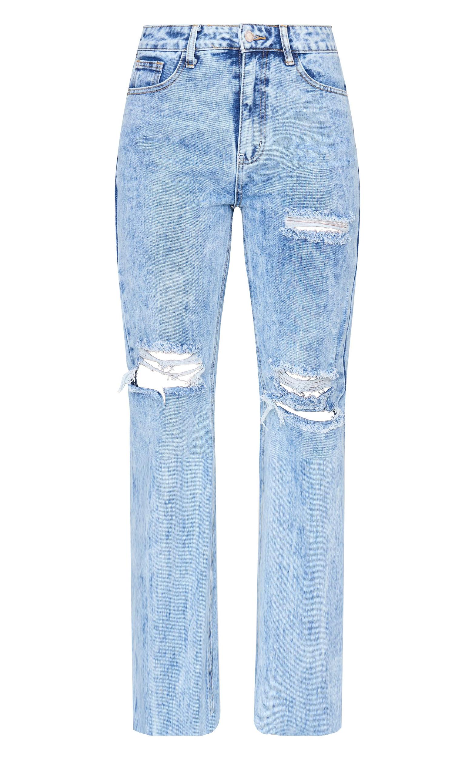 PRETTYLITTLETHING Acid Wash Ripped Long Leg Straight Jeans Product Image