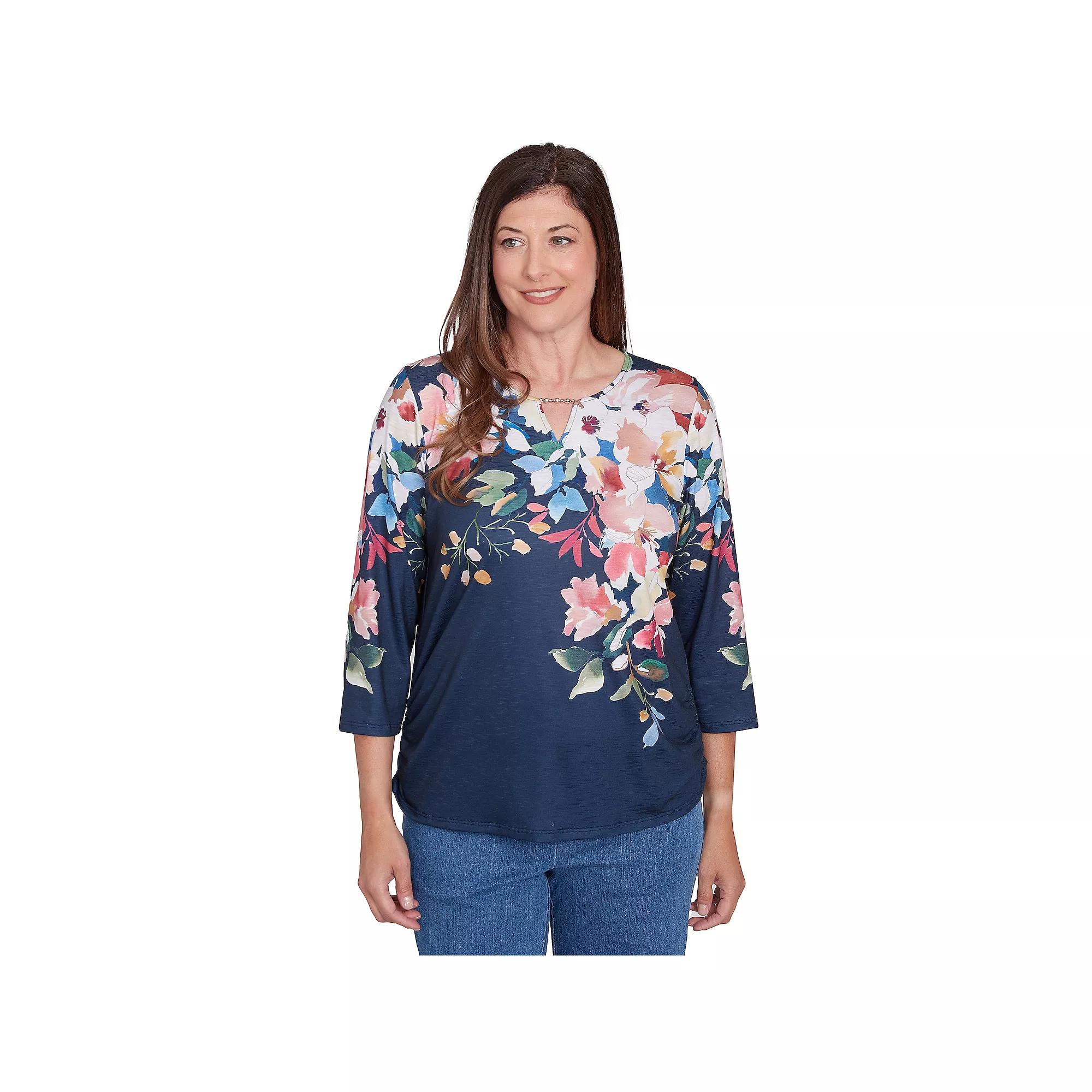 Women's Alfred Dunner Floral Knit Ruched Sleeve Top, Size: Medium, Blue Product Image