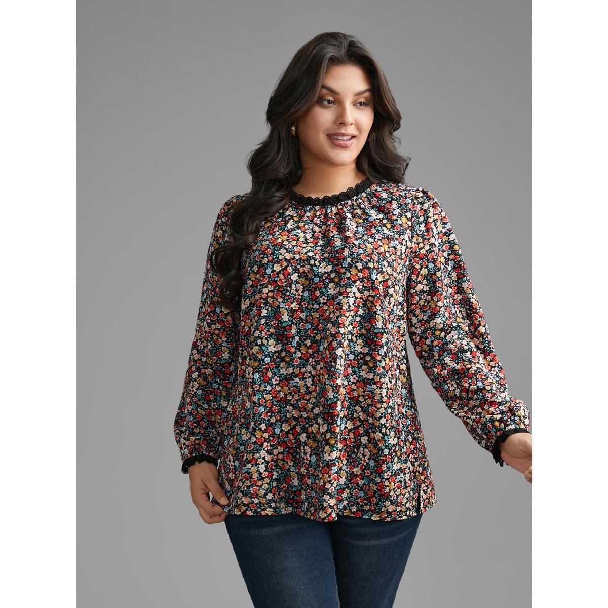 Plus Size Black Ditsy Floral Lace Patchwork Slit Hem Blouse Women Elegant Long Sleeve Stand-up collar Everyday Blouses BloomChic 10/M Product Image