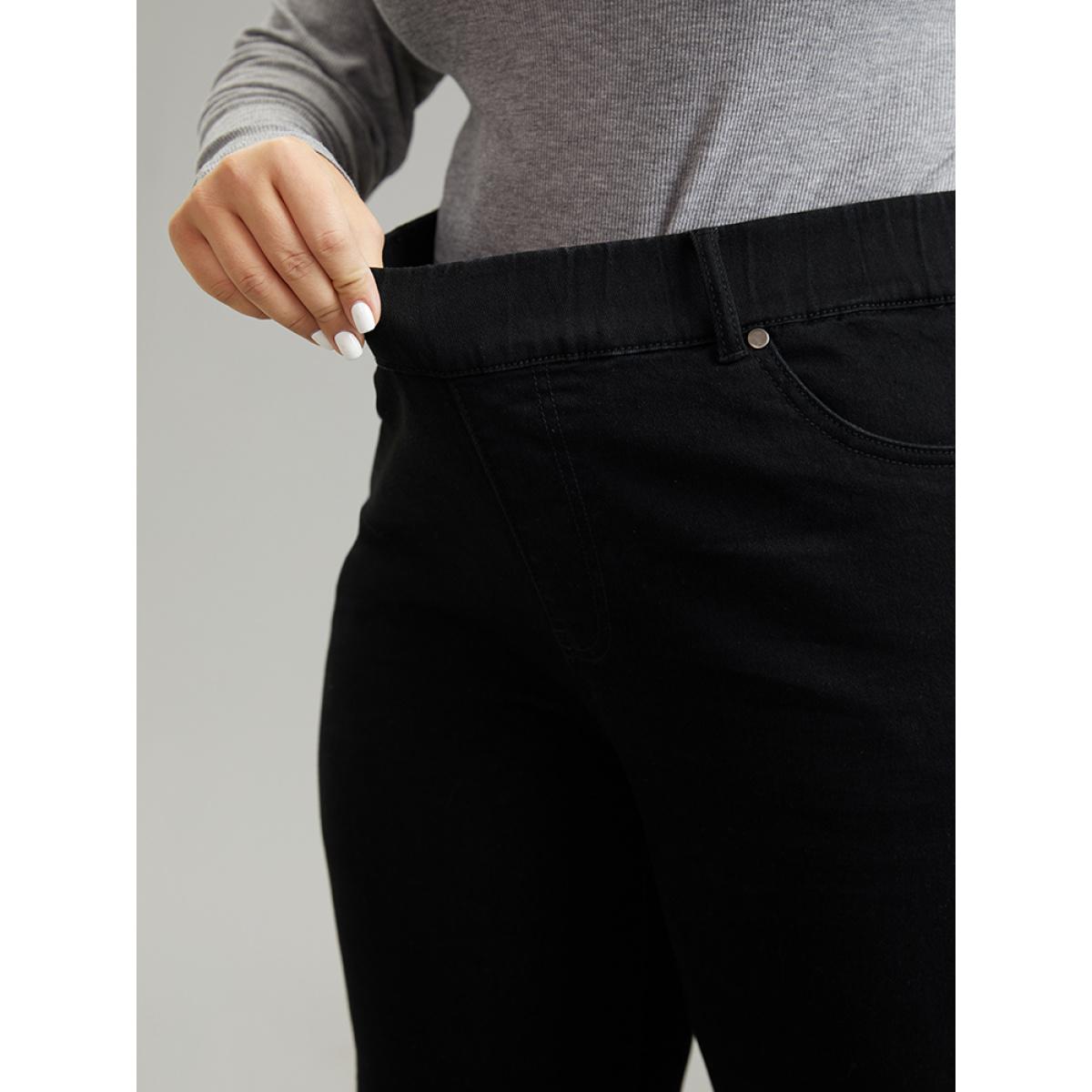 Plus Size Elastic Waist Black Wash Straight Leg Jeans Women Black Casual Plain Non High stretch Slanted pocket Jeans BloomChic 26/4X Product Image