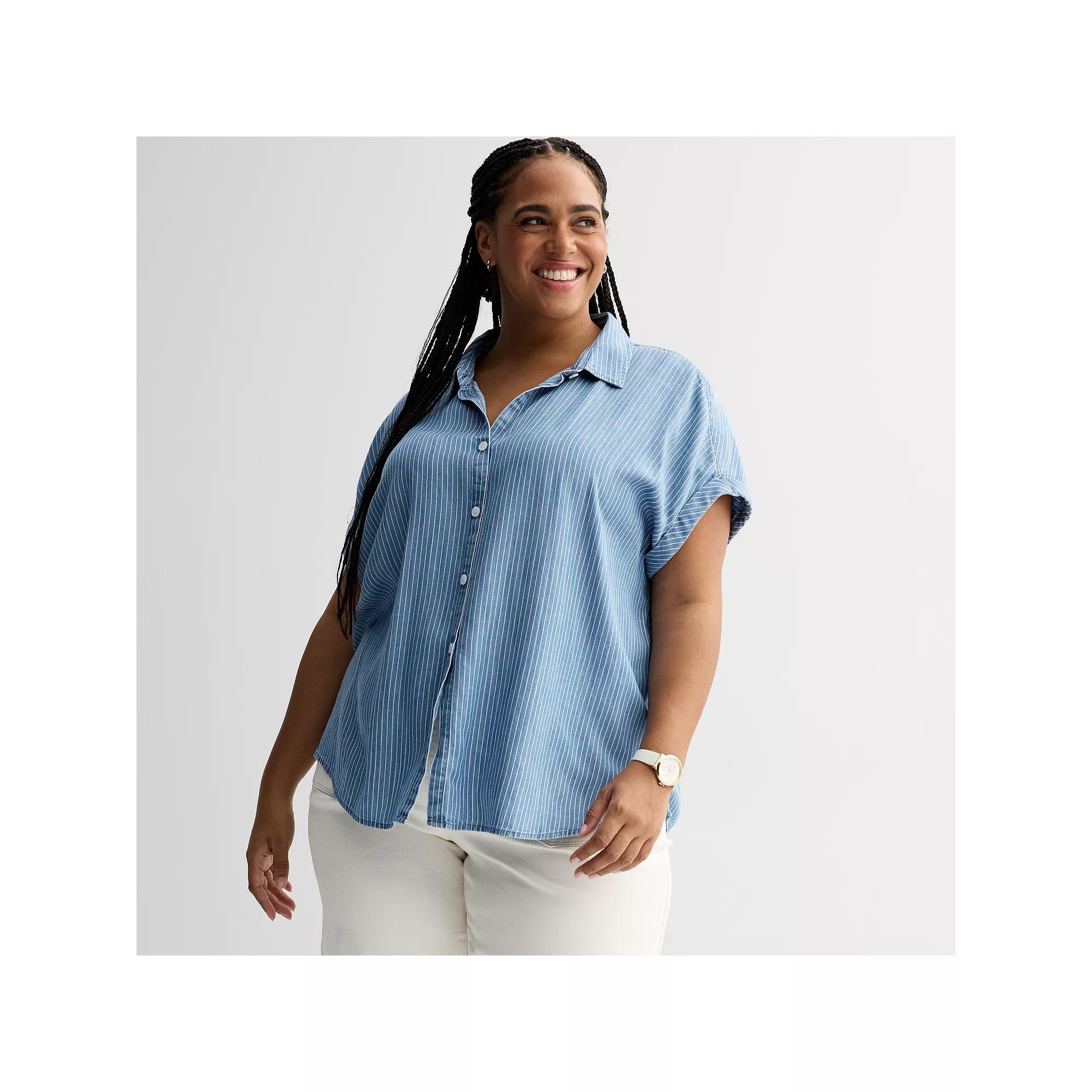 Plus Size Sonoma Goods For Life® Camp Shirt, Women's, Size: 5XL, Chambray Mini Stripe Product Image