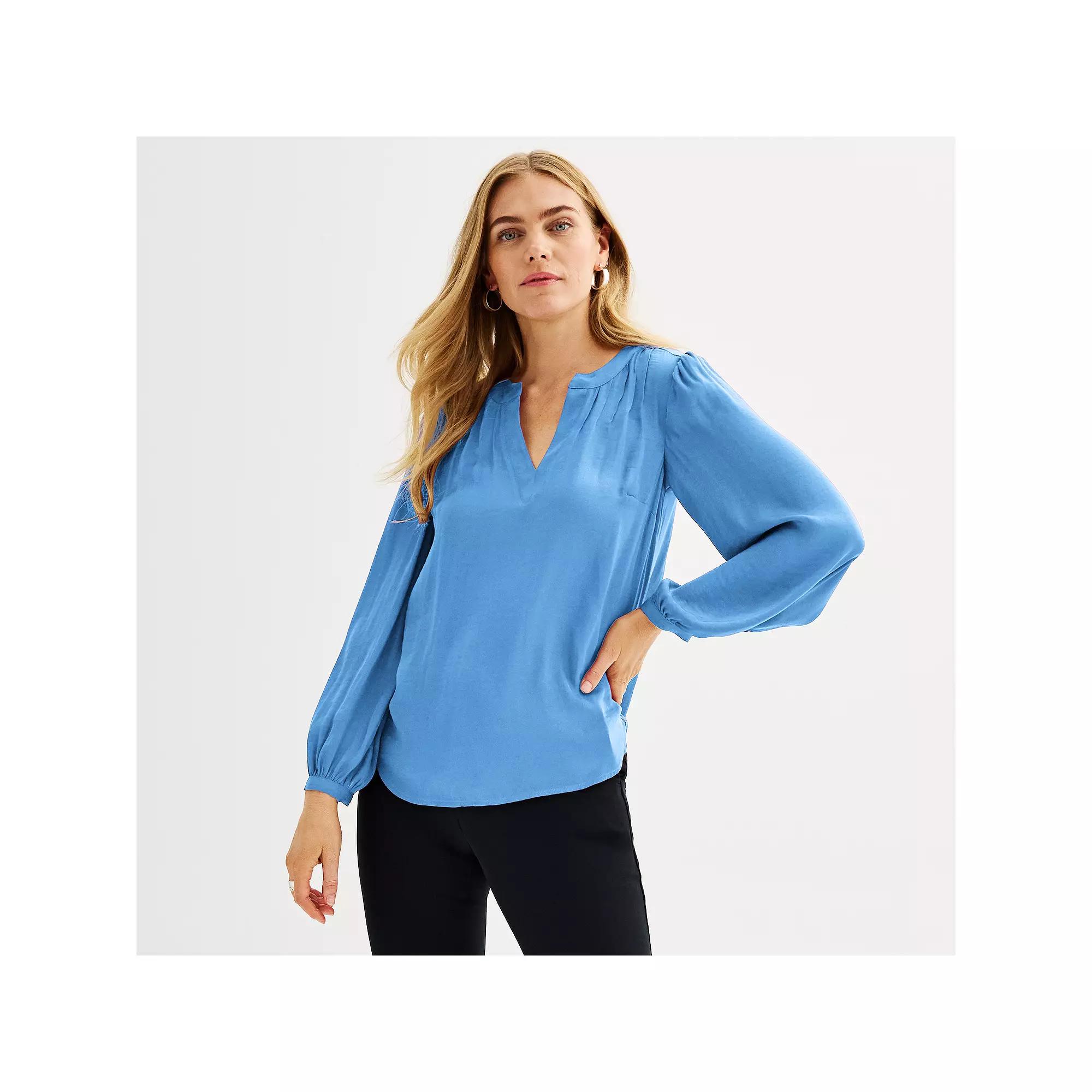 Women's Nine West Y-Neck Pintuck Blouse, Size: XL, Bea Blue Product Image