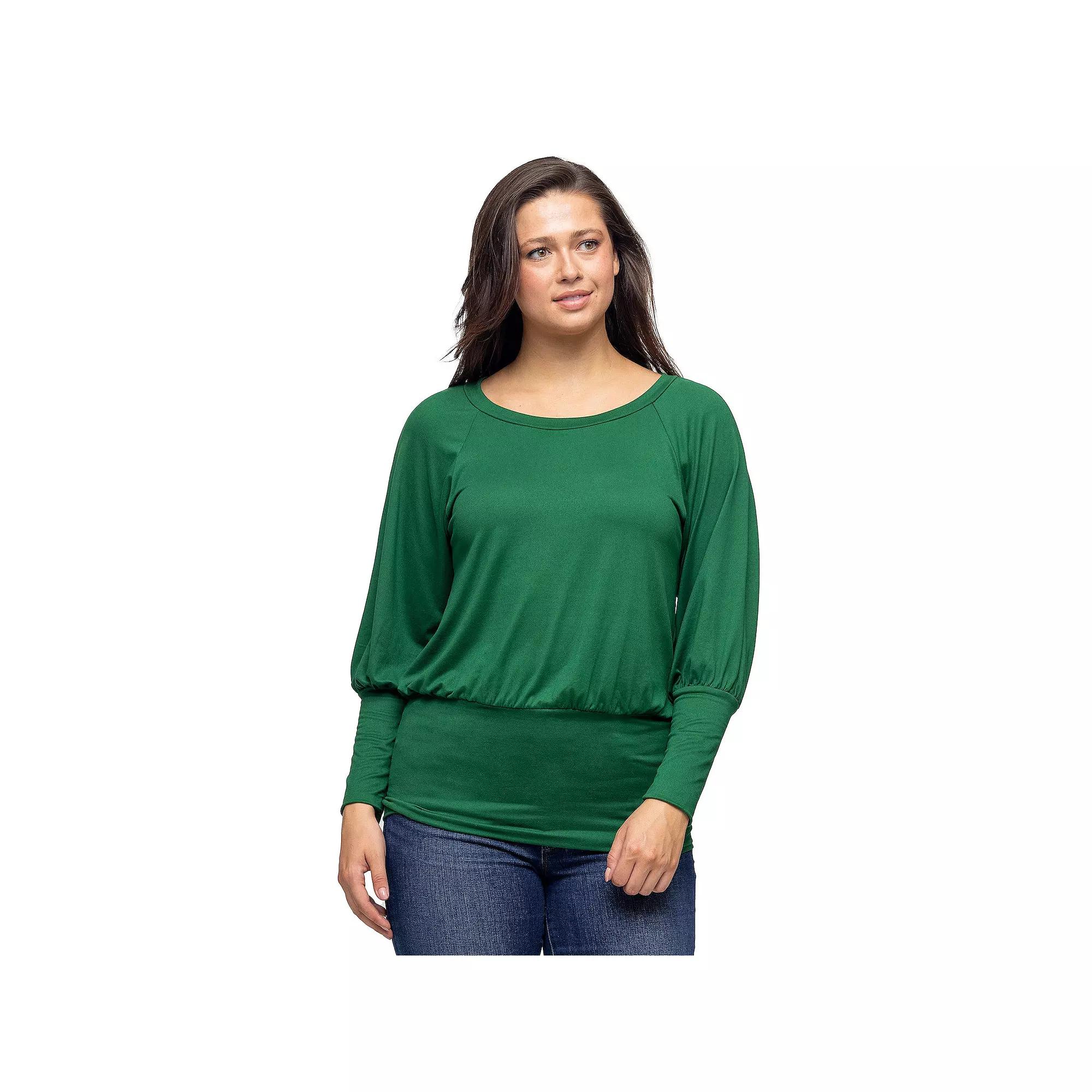 Women's 24Seven Comfort Apparel Round Neck Long Blouson Sleeve Banded Bottom Top,  Product Image