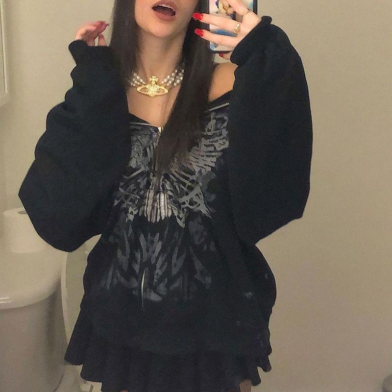 Oversized Butterfly Print Zip-Up Hoodie Product Image