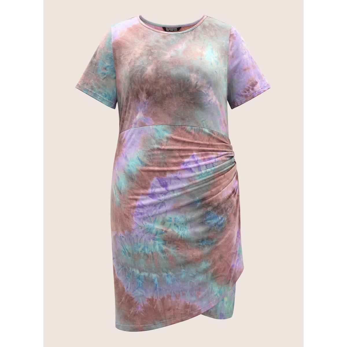 Plus Size Tie Dye Ruched Round Neck Dress Multicolor Women Casual Gathered Round Neck Short sleeve Curvy Knee Dress BloomChic 14-16/1X Product Image