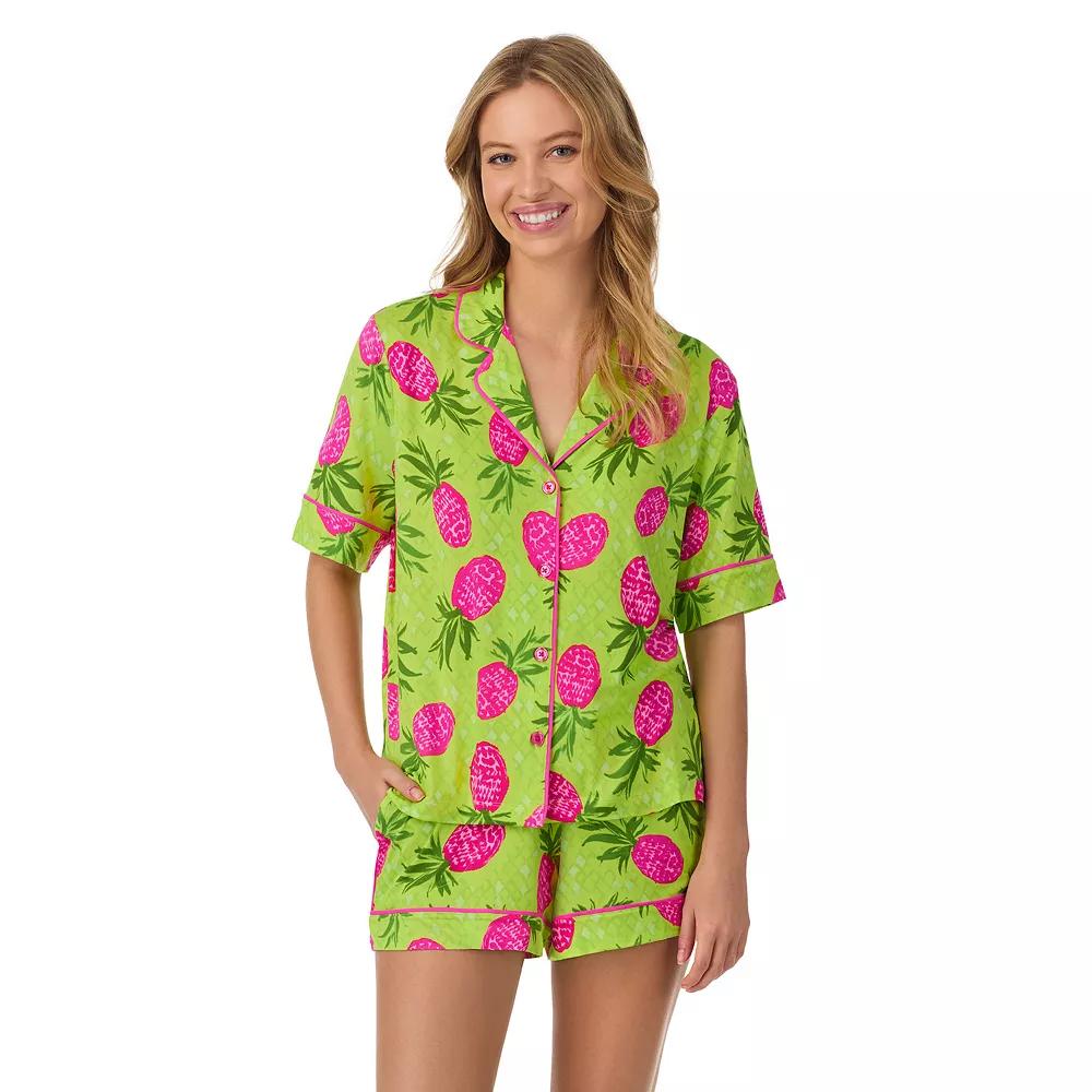 Women's Beauty Sleep Social Short Sleeve Button Front Pajama Top & Pajama Boxer Set, Girl's, Size: Large, Green Prt Product Image