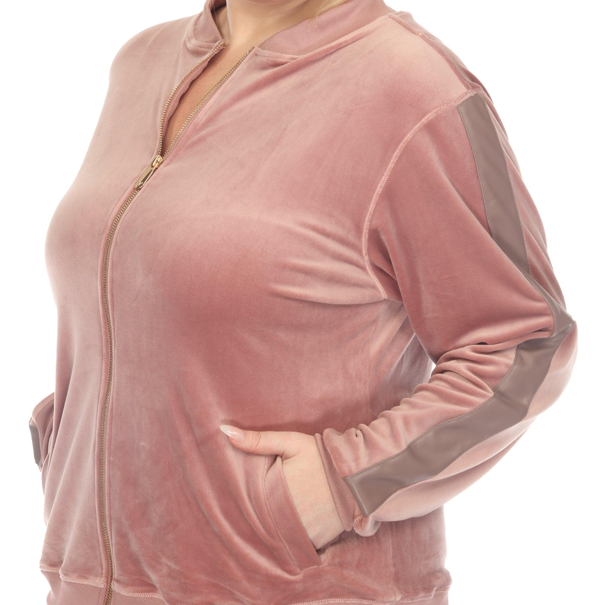 White Mark Women's 2-Piece Velour with Faux Leather Stripe - Plus Female Product Image