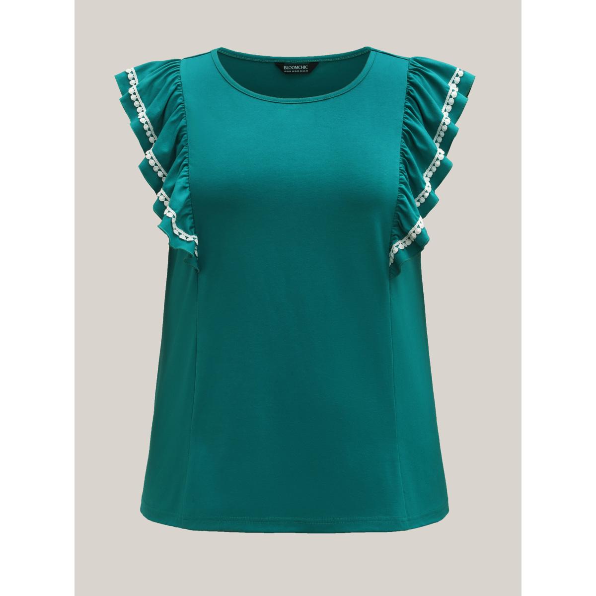 Plus Size Color Contrast Lace Flutter Sleeve Sleeveless Top Women Teal Woven ribbon&lace trim Round Neck Everyday-Casual Tank Tops Camis BloomChic 12/L Product Image