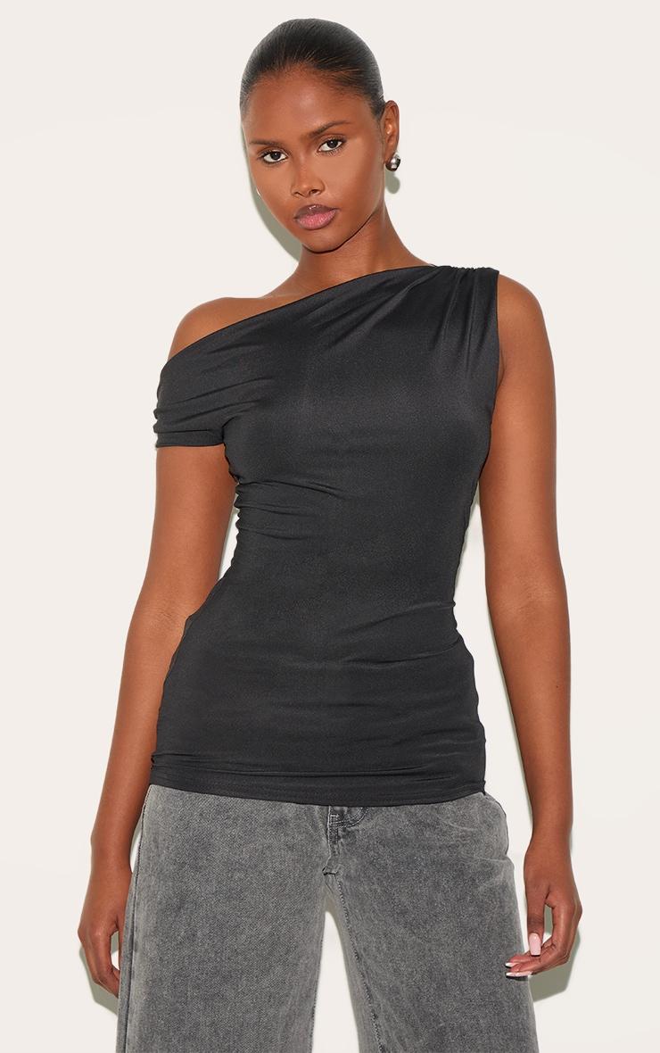 Black Slinky Asymmetric Ruched Detail Long Top Product Image