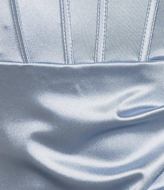 B. Darlin Cowl Neck Spaghetti Strap Corset Side Ruched Lace Up Back Front Slit Dress Product Image