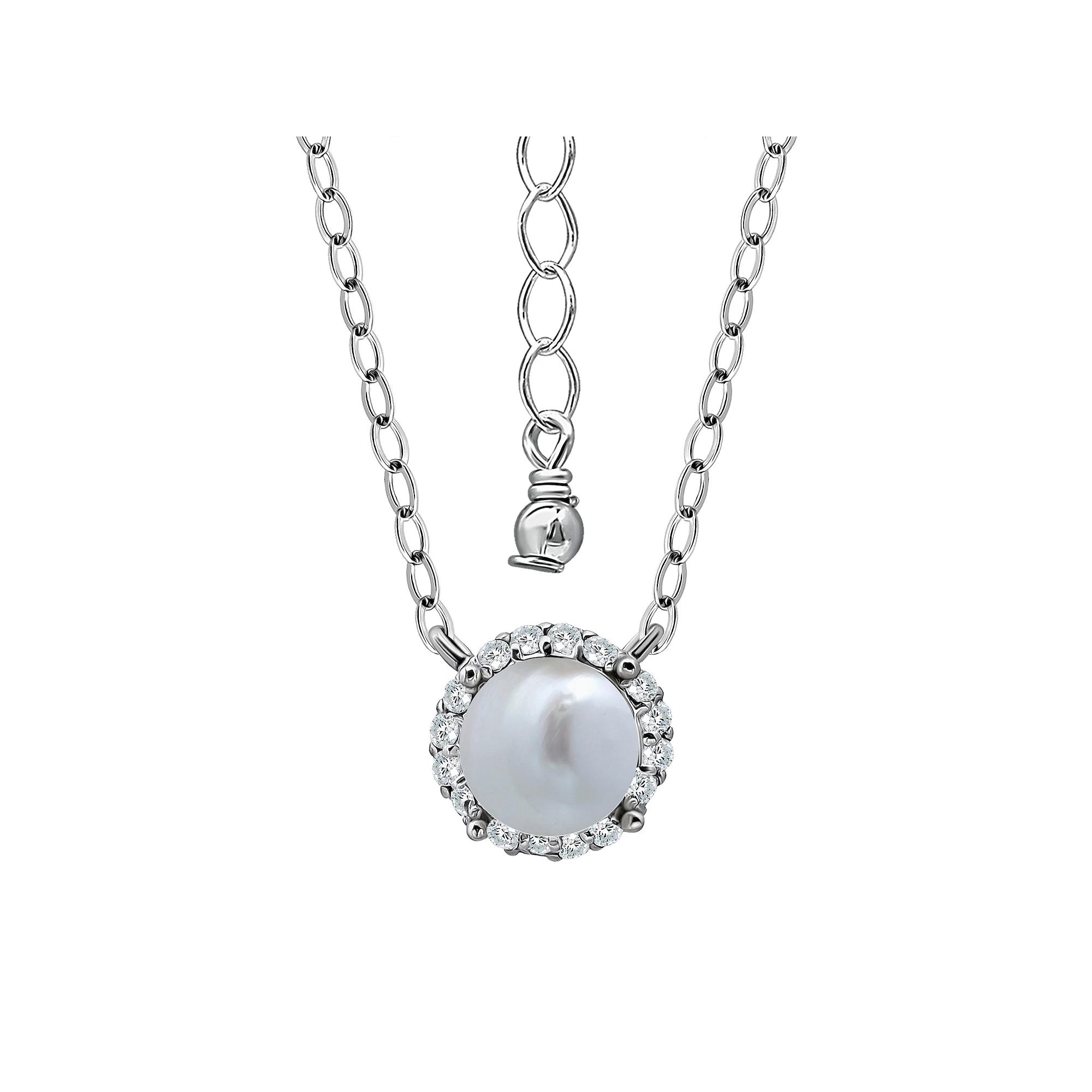 Aleure Precioso Sterling Silver Freshwater Cultured Pearl & Cubic Zirconia Halo Pendant Necklace, Women's, Silver Tone Product Image