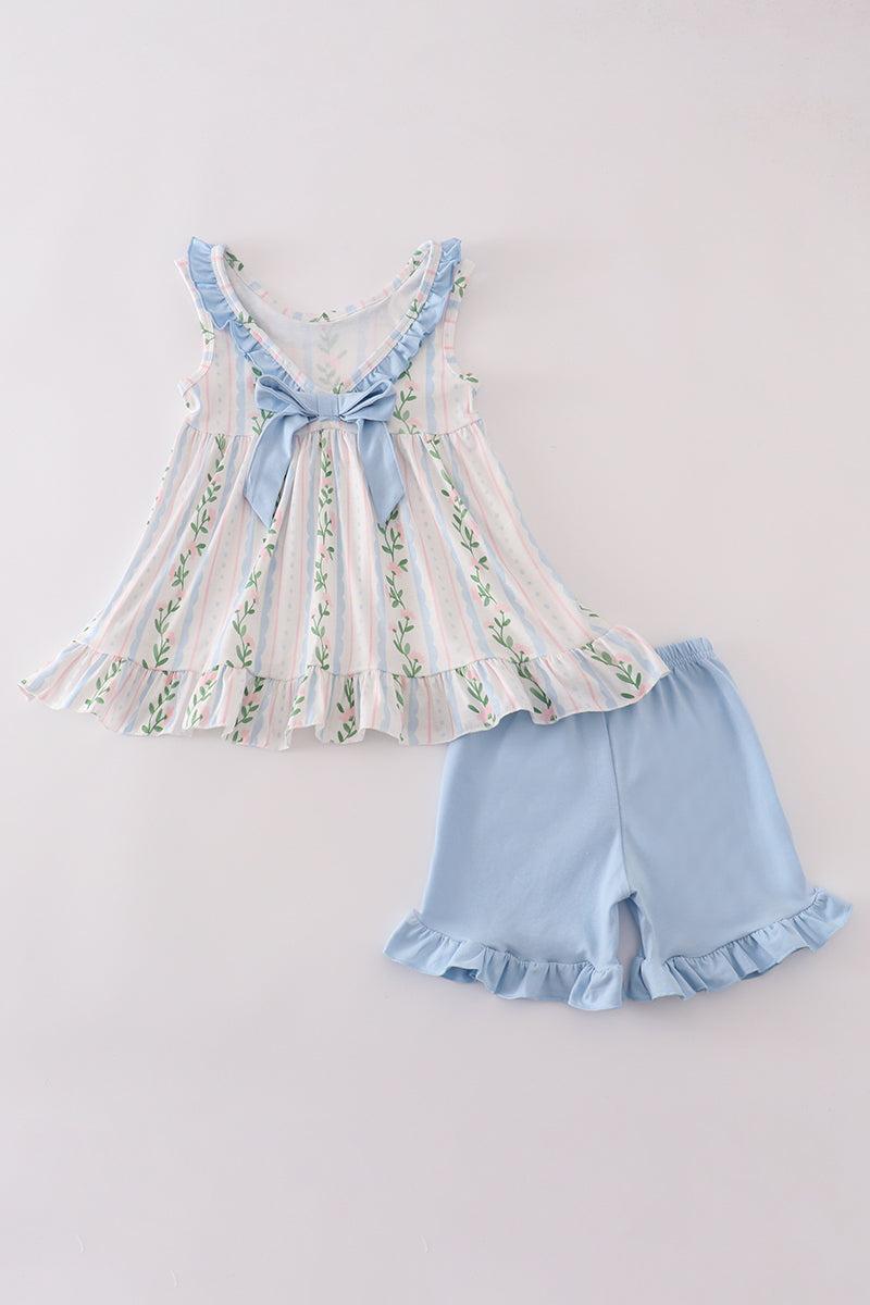Blue floral print ruffle shorts set Product Image