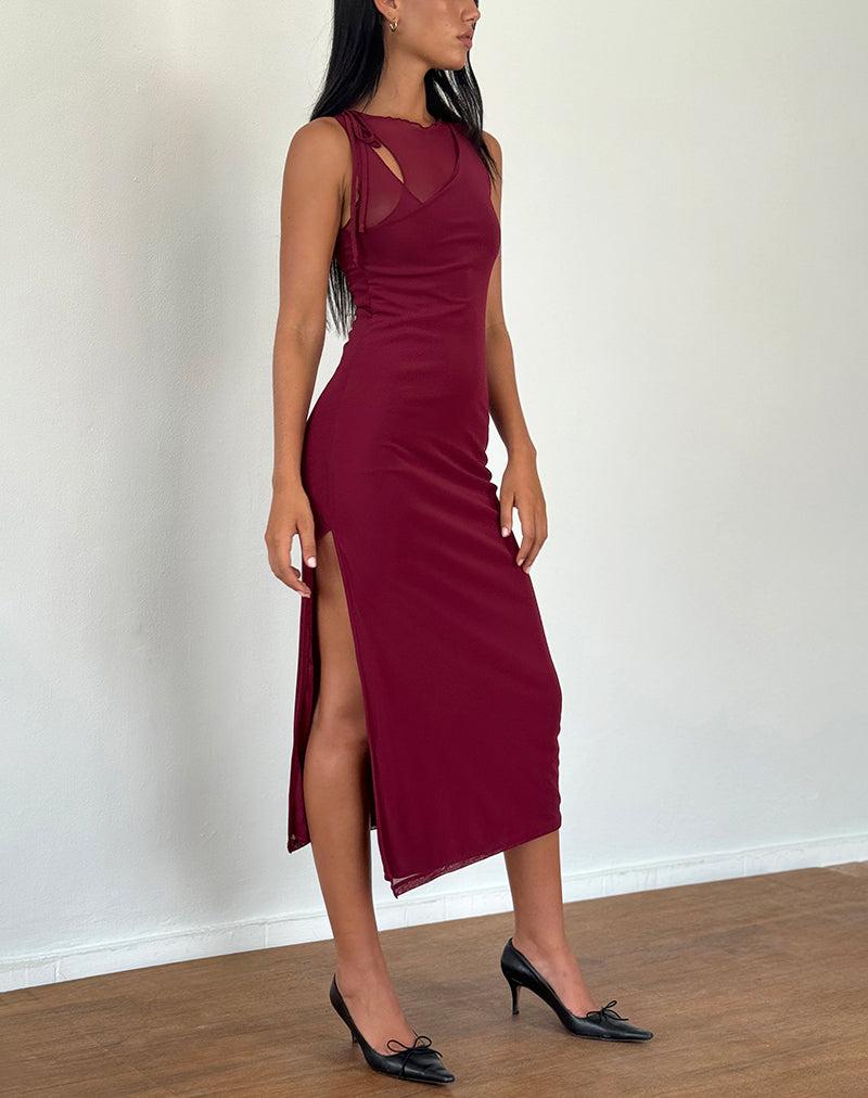 Marlo Asymmetric Midi Dress in Burgundy Female Product Image