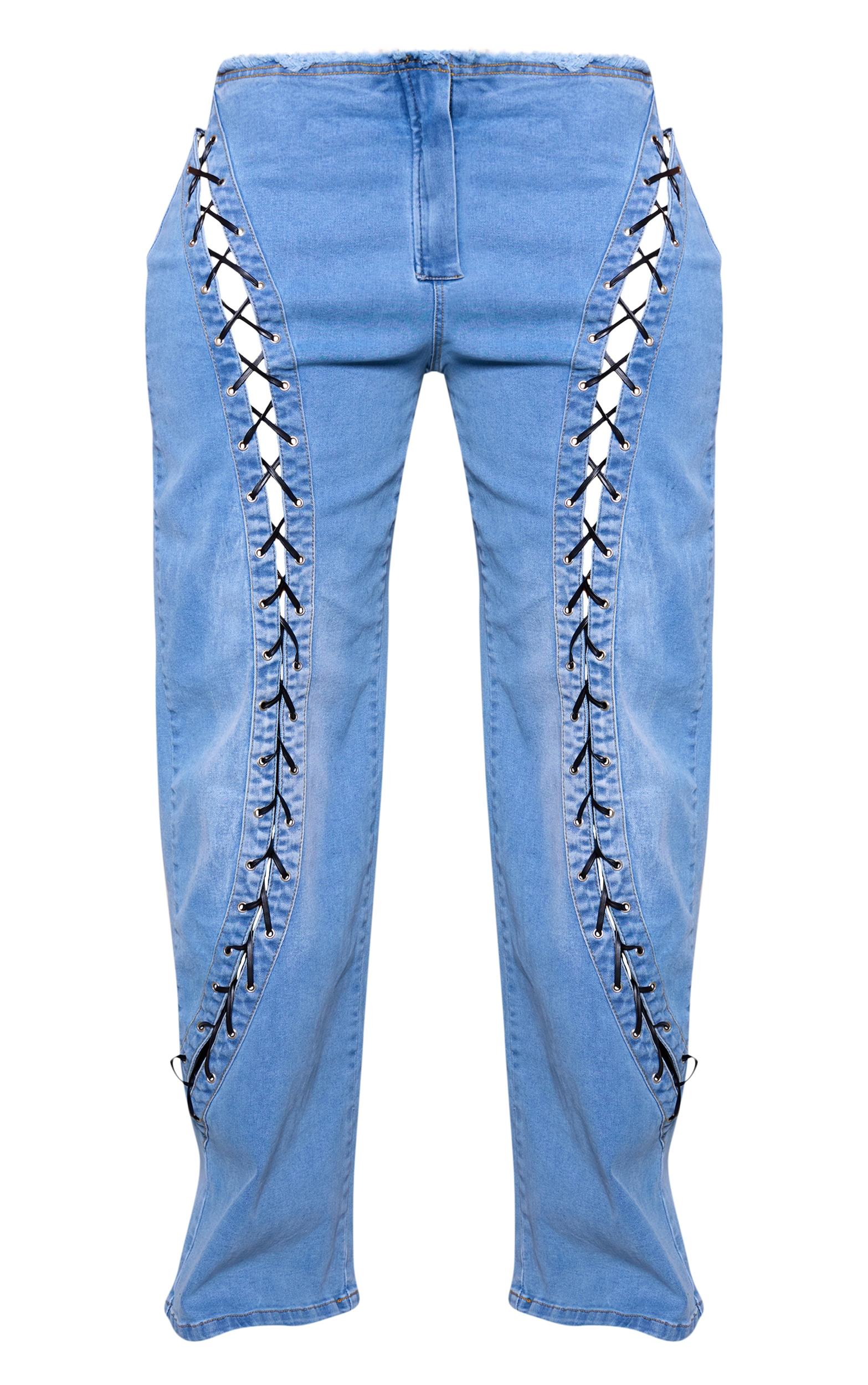 Shape Light Blue Denim Lace Up Front Raw Waist Wide Leg Jeans Product Image