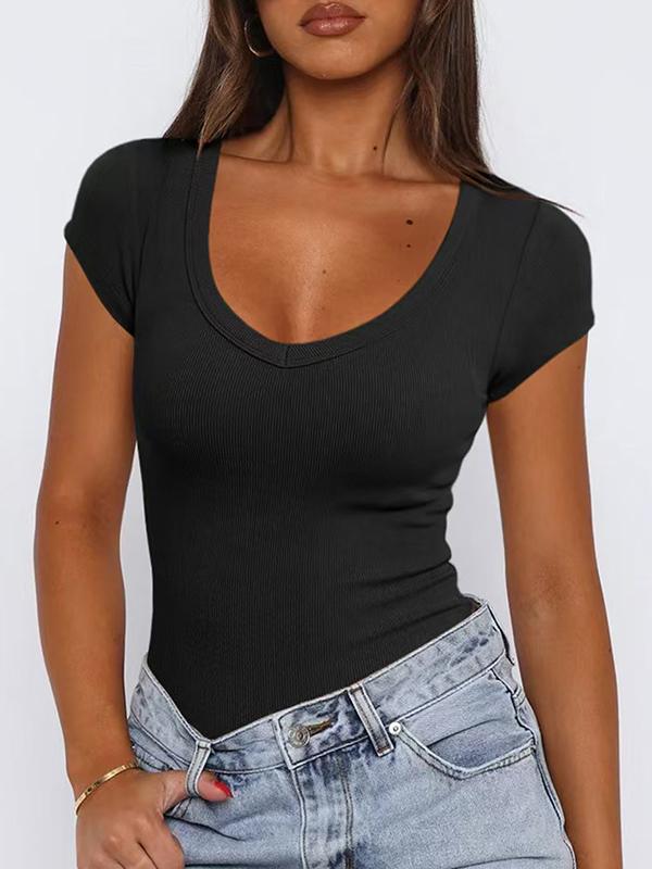 Short Sleeves Skinny Solid Color V-Neck T-Shirts Tops Product Image