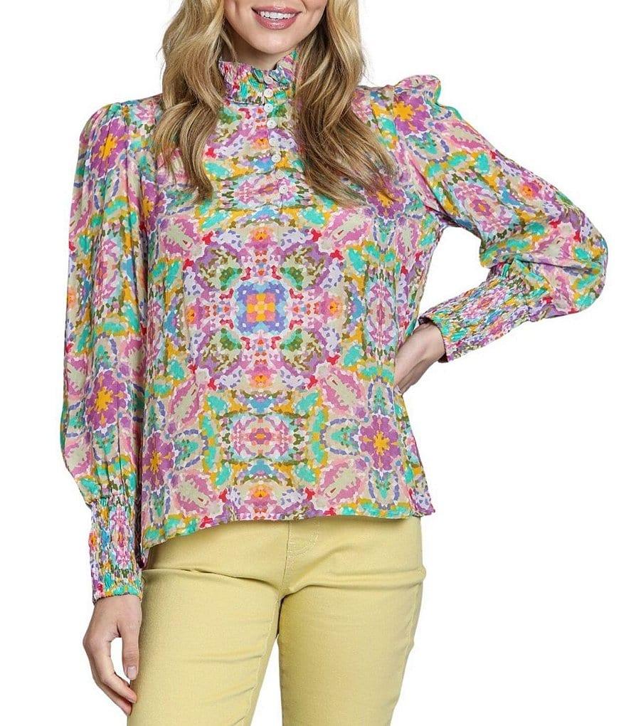 APNY Woven Mock Neck Long Sleeve Abstract Print Blouse Product Image