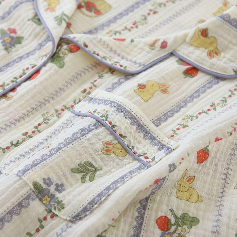 Pajama Set: Short-Sleeve Lapel Collar Floral Button Top + Lounge Shorts Product Image