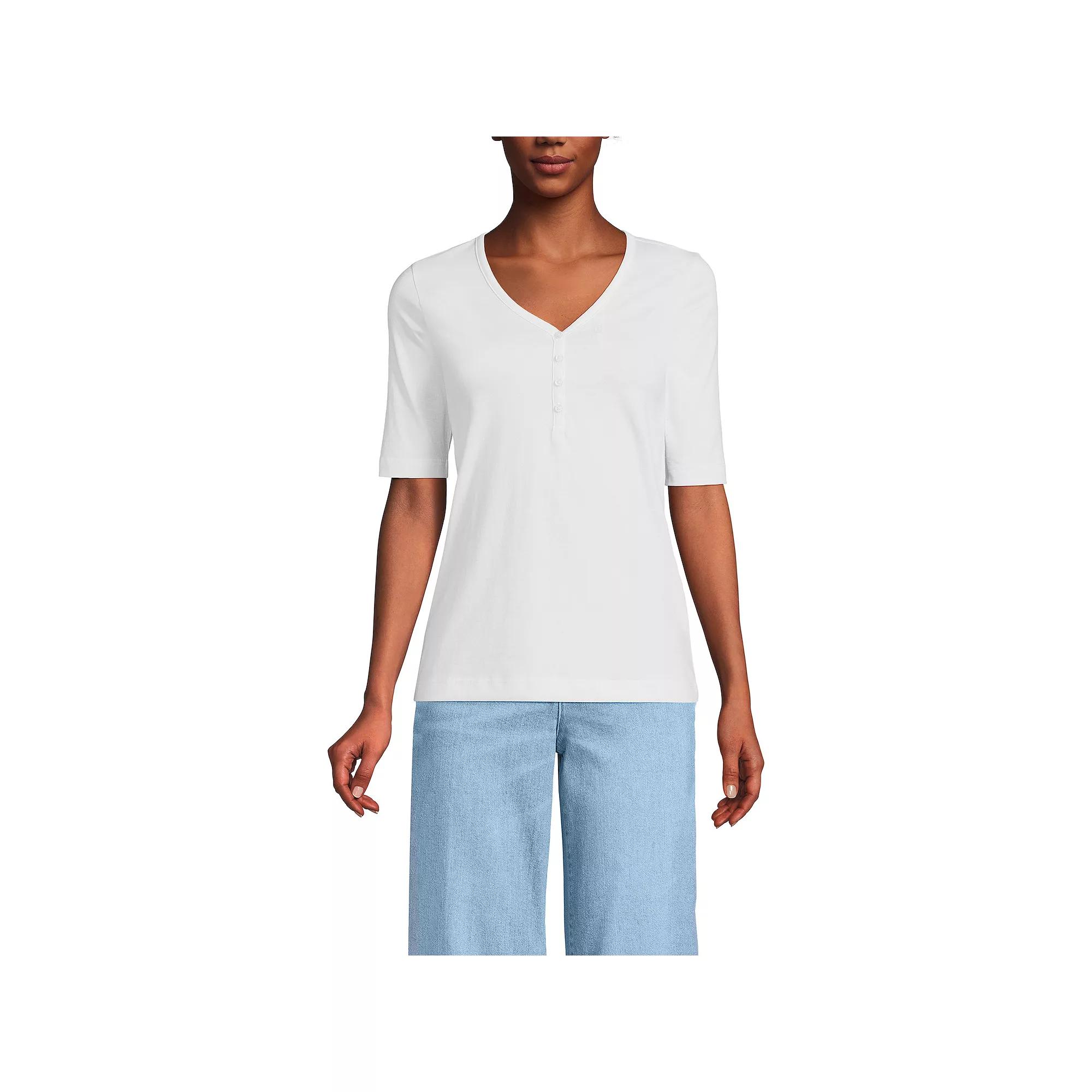 Women's Lands' End Supima Elbow Sleeve V-Neck Henley Top,  Product Image