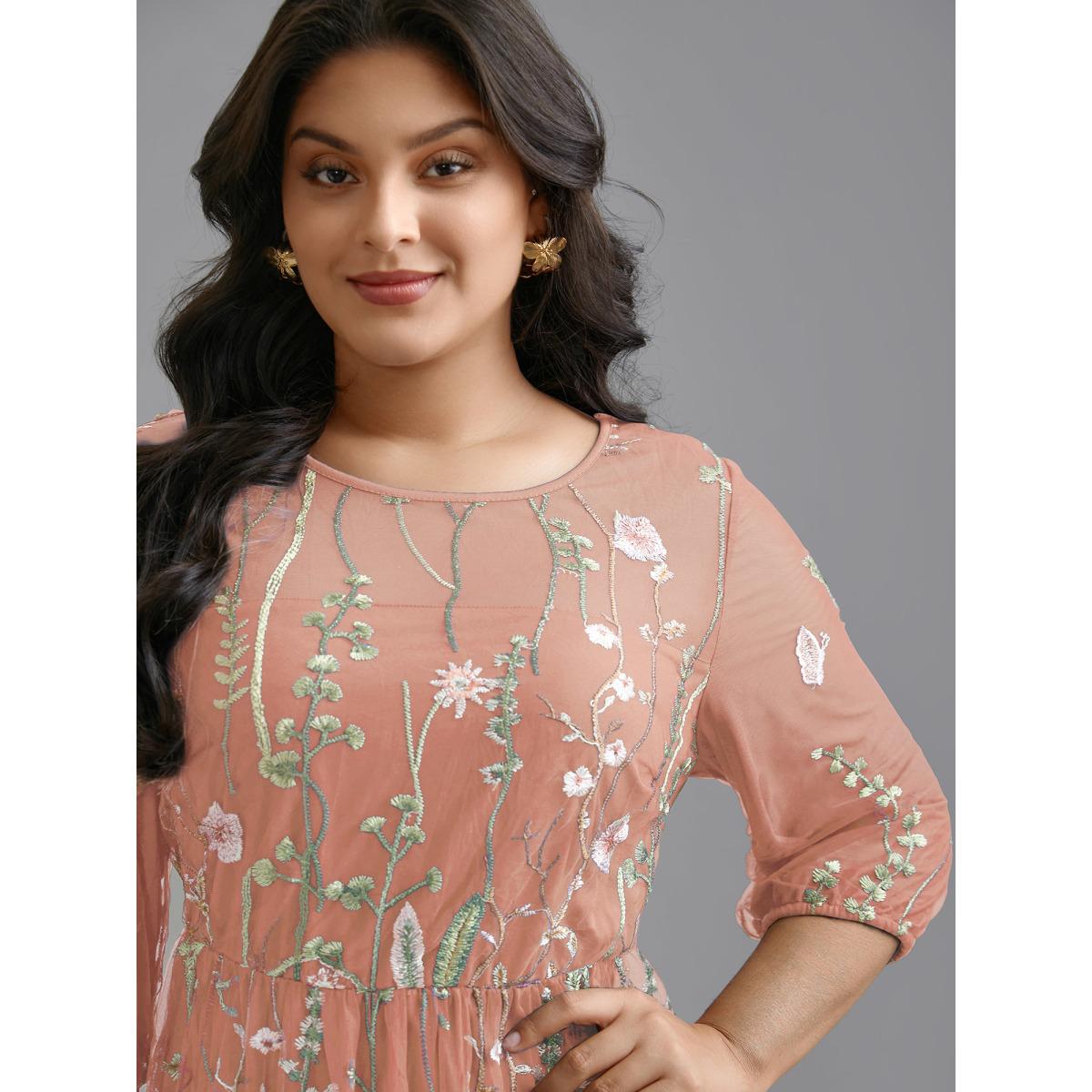 Plus Size Floral Embroidered Elastic Waist Lined Midi Dress Blush Women Formal Texture Party Curvy Bloomchic 14-16/1X Product Image