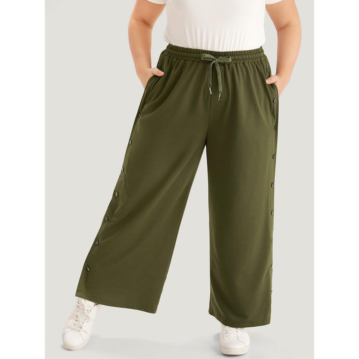 Plain Pocket Elastic Waist Button Detail Drawstring Sweatpants ArmyGreen Plus Size Women Casual Dailywear Plain 22-24/3X Bloomchic Product Image
