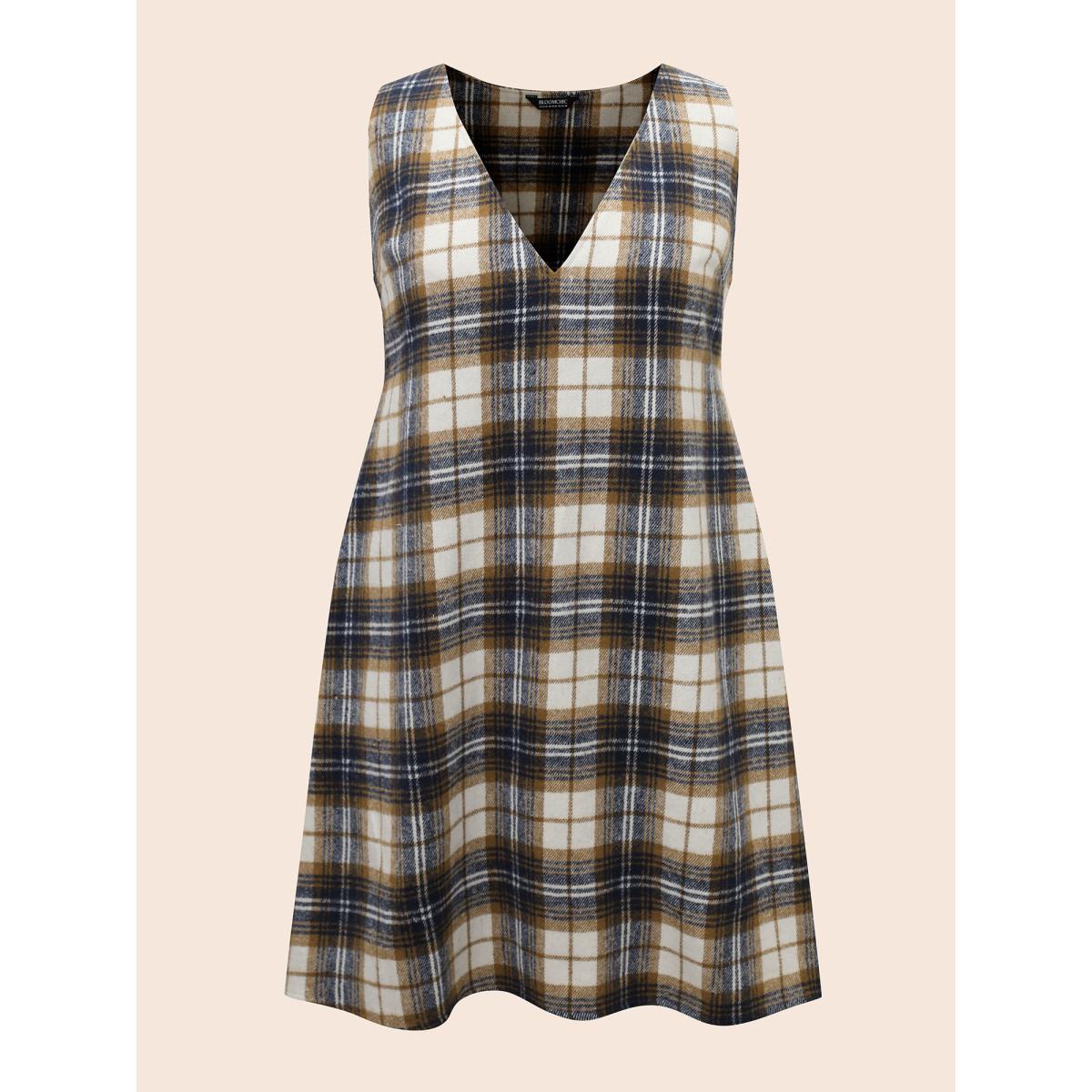 Plus Size Plaid V Neck Sleeveless Dress Multicolor Women Elegant Texture Deep V-neck Sleeveless Curvy BloomChic 12/L Product Image