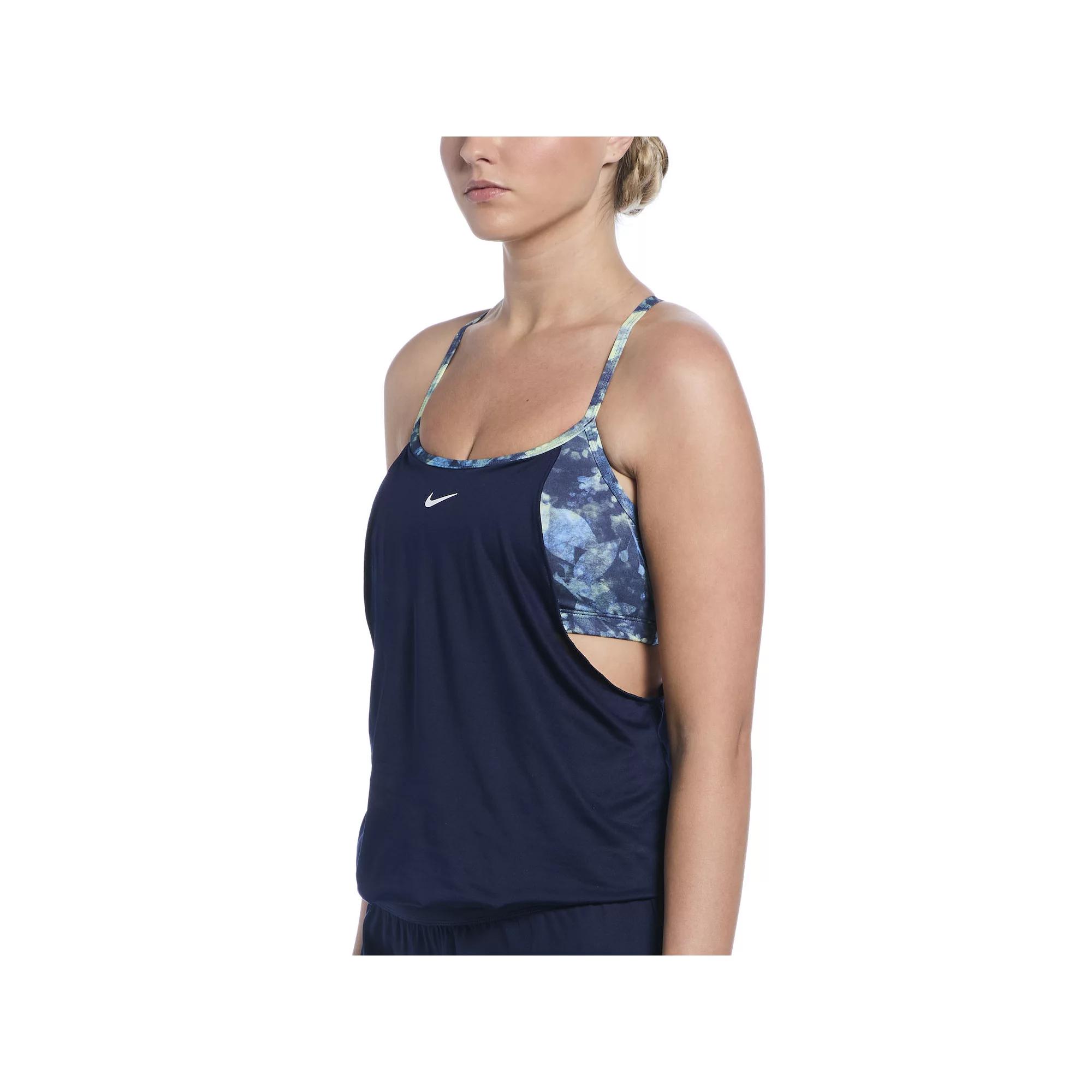 Womens Nike Swim Floral Layered Tankini Top Black Navy Product Image
