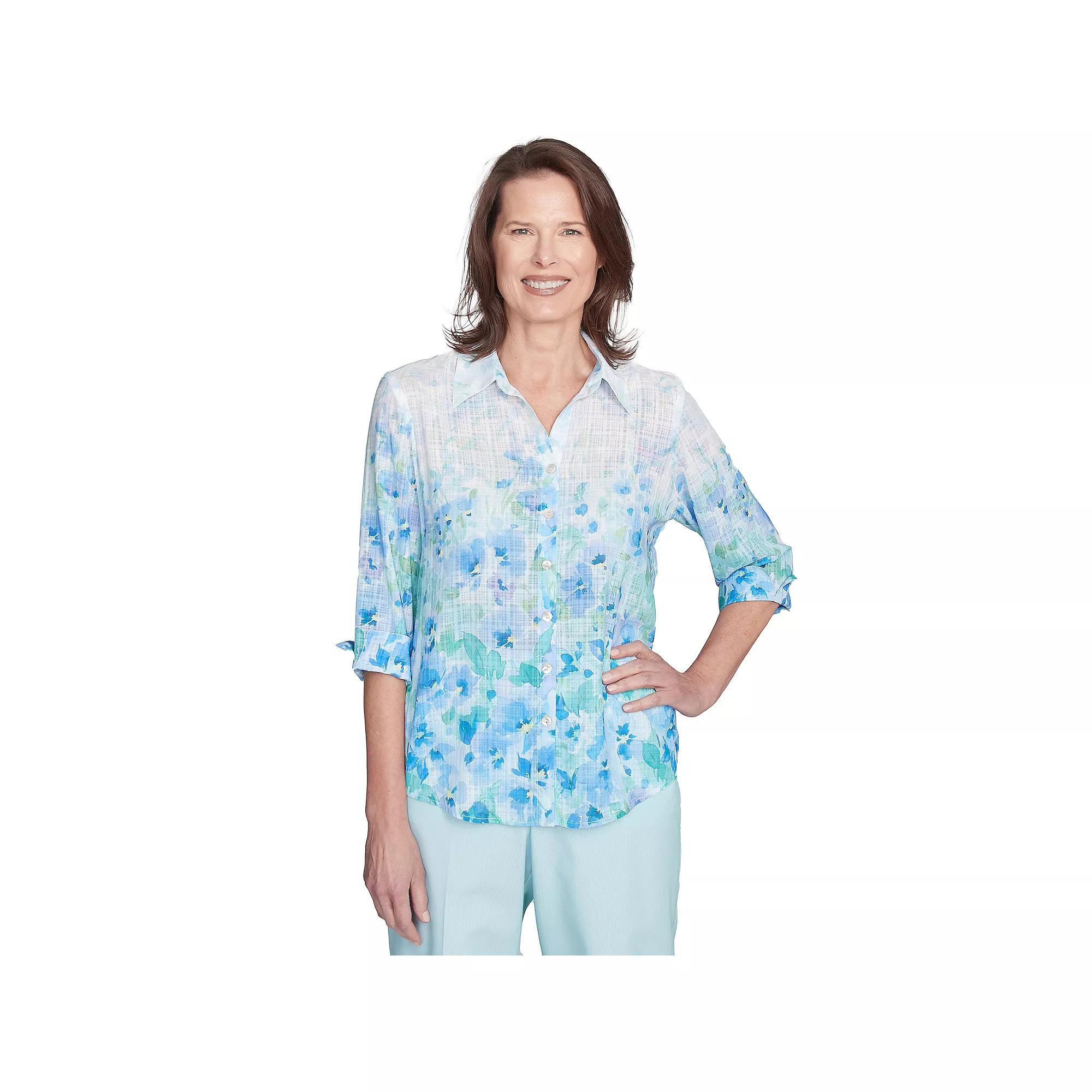 Petite Alfred Dunner Border Floral Button Down Top, Women's, Size: Large Petite, Blue Team Product Image