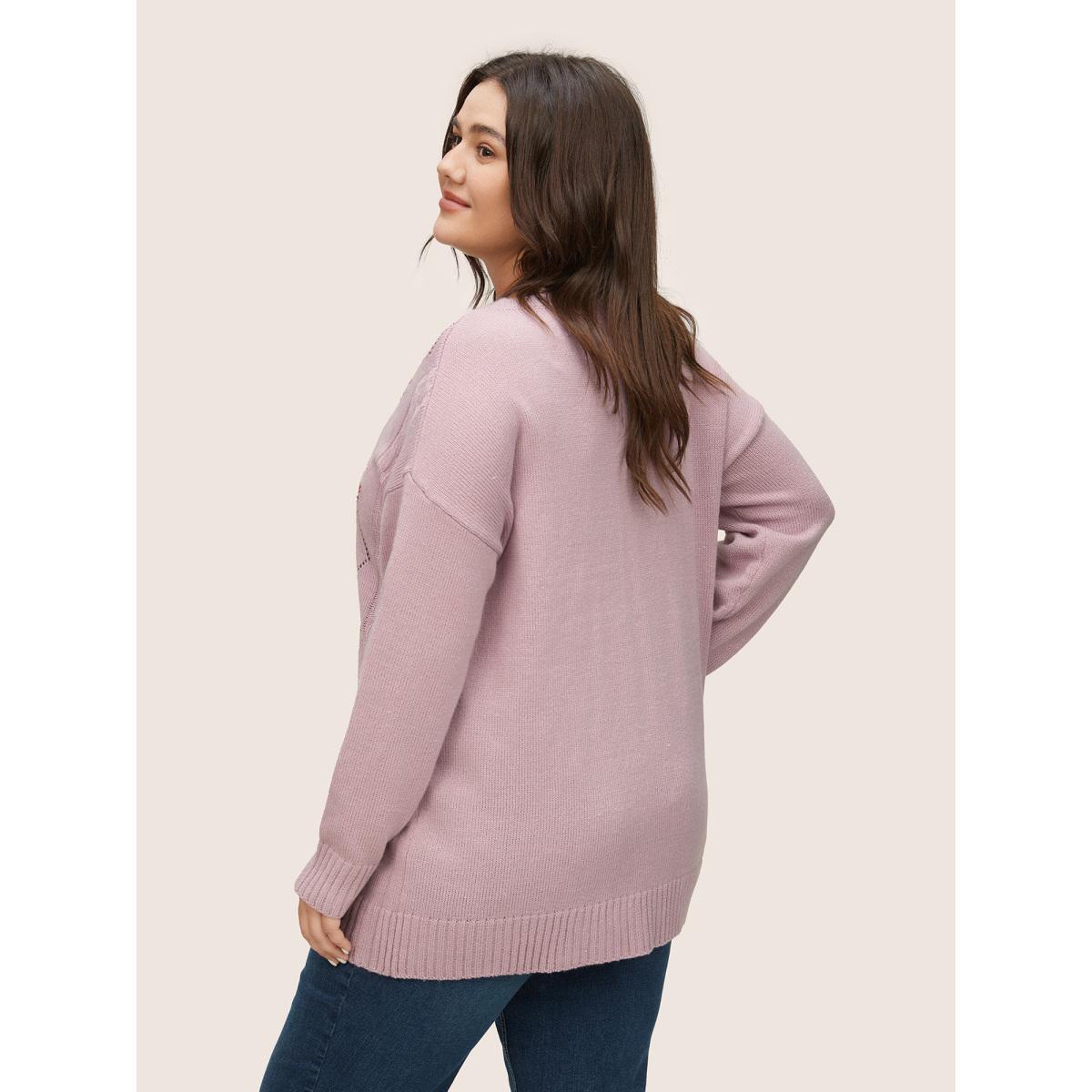 Plus Size Floral Embroidered Geometric Hollow Out Cable Knit Pullover Lilac Women Casual Long Sleeve Round Neck Everyday Pullovers BloomChic 14-16/1X Product Image