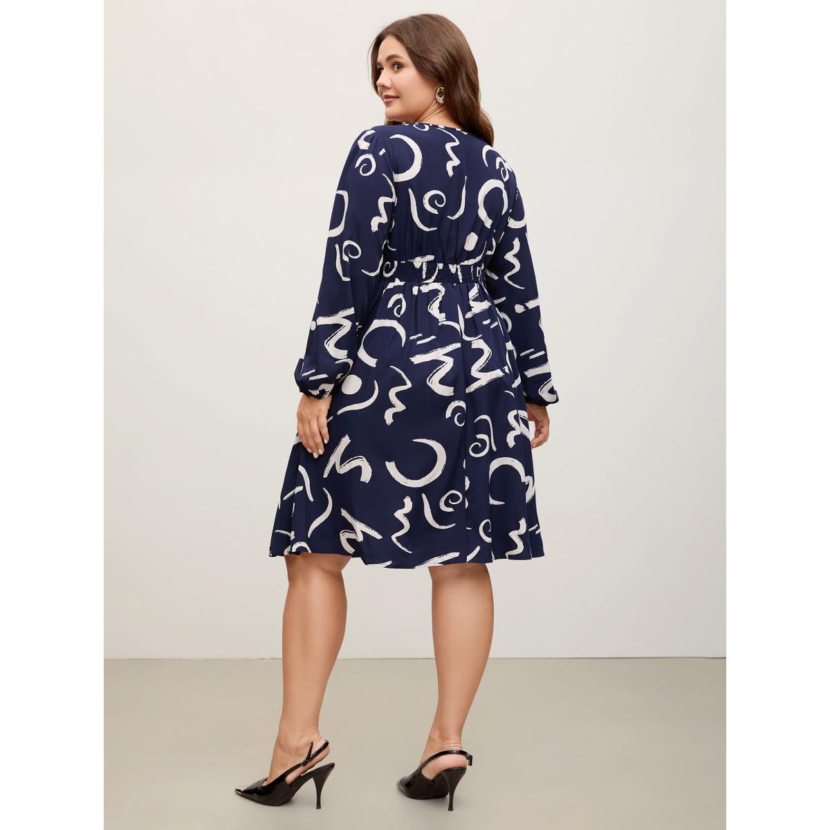 Plus Size Scribble Print Pleated Cinched Waist Midi Dress Indigo Women Office Non V-neck Extra Long Sleeve Curvy BloomChic 10/M Product Image