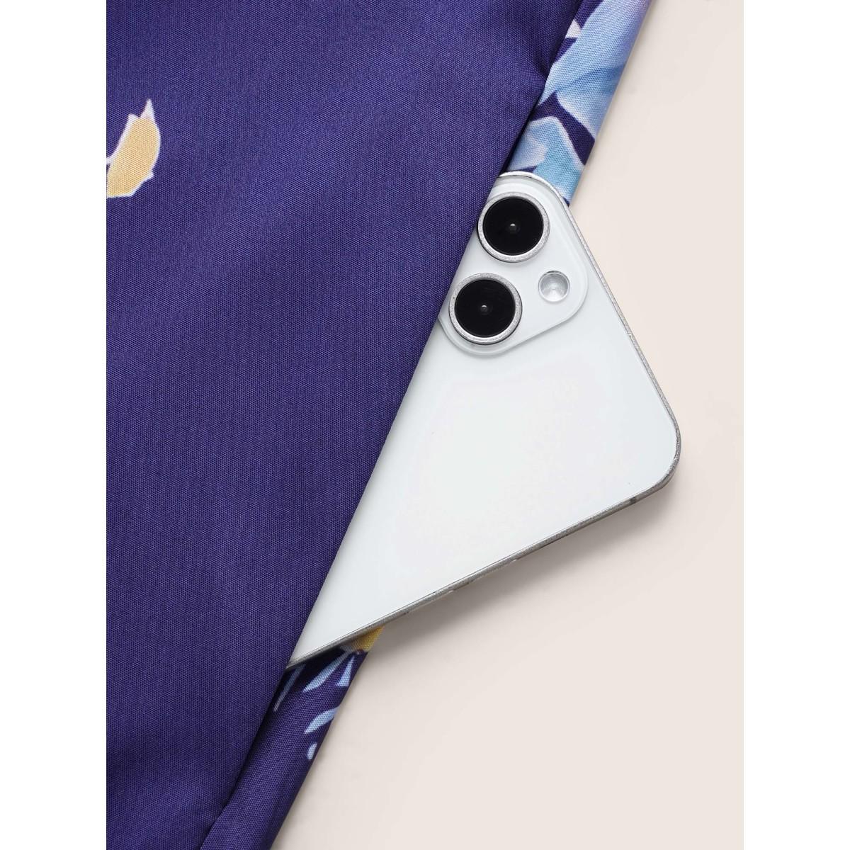 Plus Size Square Neck Silhouette Floral Print Pleated Dress DarkBlue Women Elegant Non Square Neck Sleeveless Curvy BloomChic 30/6X Product Image