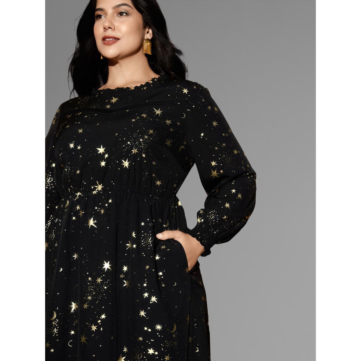 Plus Size Star Printed Lace Neckline Midi Dress Black Women Cocktail Frill Trim Party Curvy Bloomchic 10/M Product Image