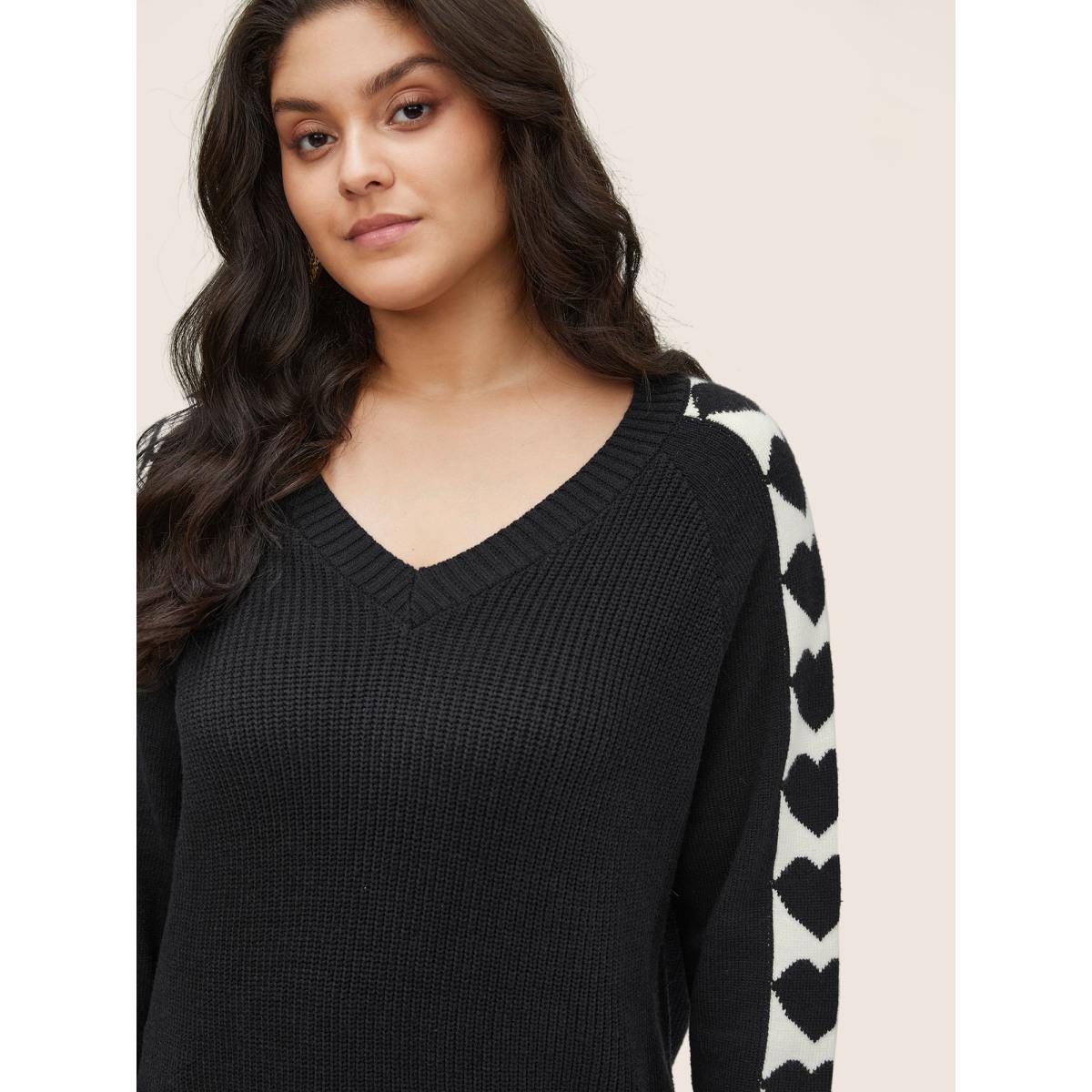 Plus Size Supersoft Essentials Heart Patchwork V Neck Raglan Sleeve Pullover Black Women Casual Loose Long Sleeve V-neck Dailywear Pullovers BloomChic 14-16/1X Product Image