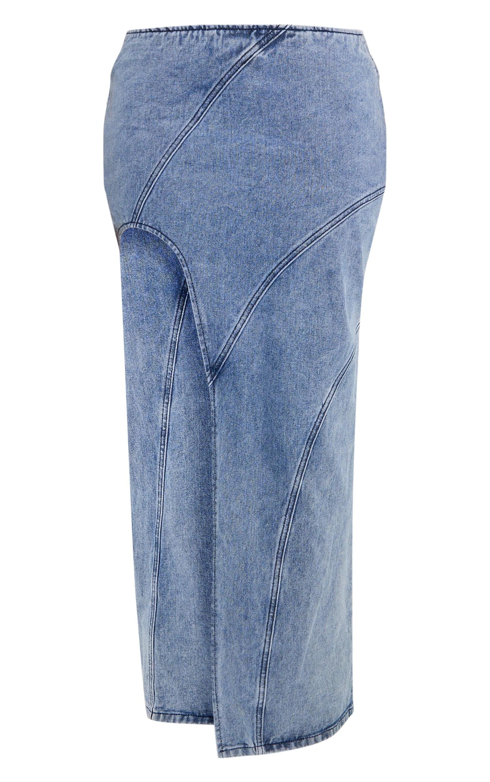 Shape Light Blue Denim Seam Detail High Split Maxi Skirt Product Image