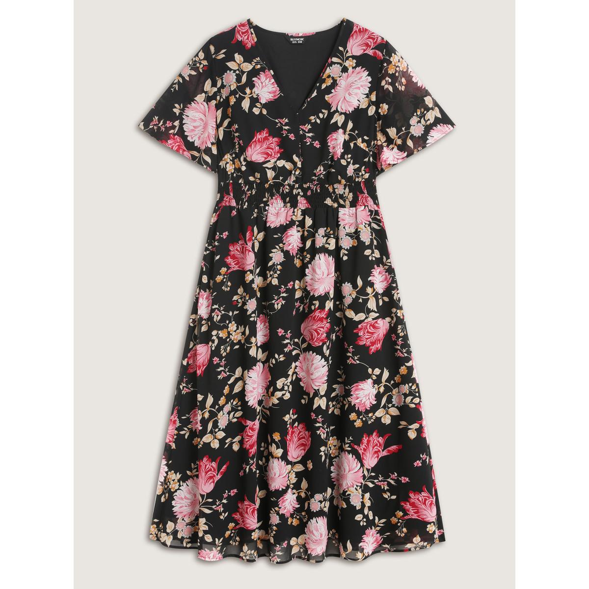 Plus Size Sweet Floral Shirred Waist Cinched Midi Dress Black Women Romantic V-neck Short sleeve Curvy BloomChic 14-16/1X Product Image