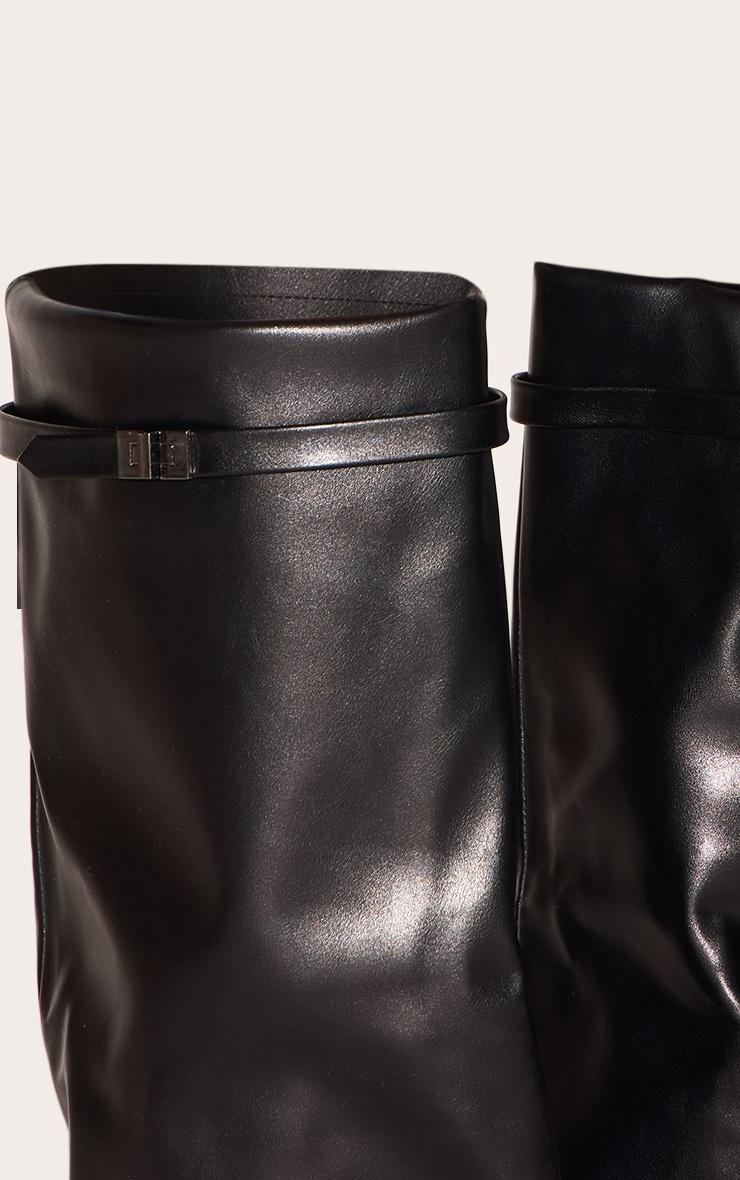Black Matte PU Point Toe Fold Over Knee High Block Heeled Boots Product Image