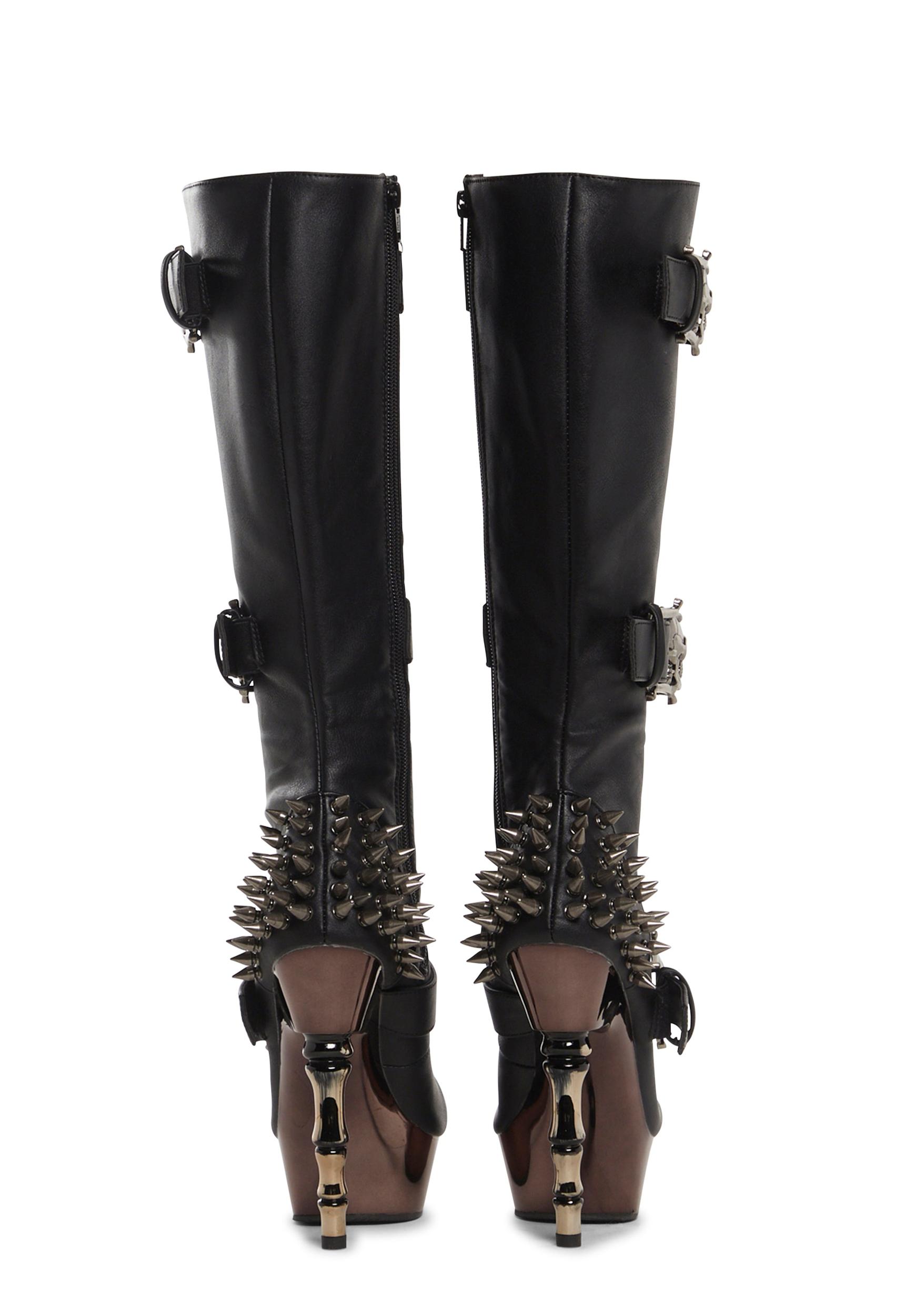 Demonia Pirate Skull Stiletto Boots Halloween - Black Product Image