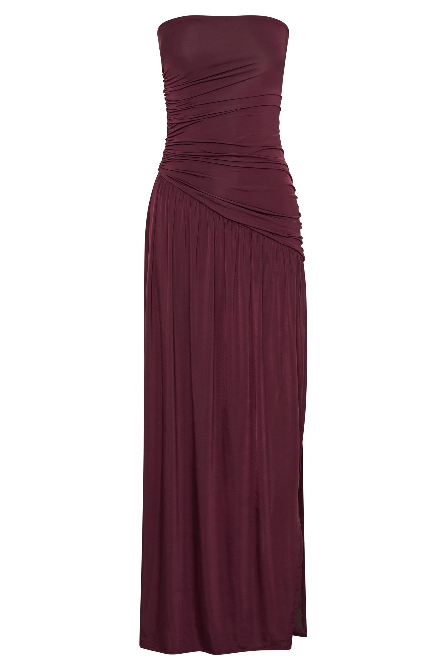 Bex Strapless Slinky Maxi Dress With Split - Burgundy Product Image